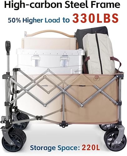 Miniatura 2 de Carro de playa de 220 litros con ruedas grandes, plegable con capacidad de 330 libras, vagones de comestibles utilitarios con frenos, carrito de