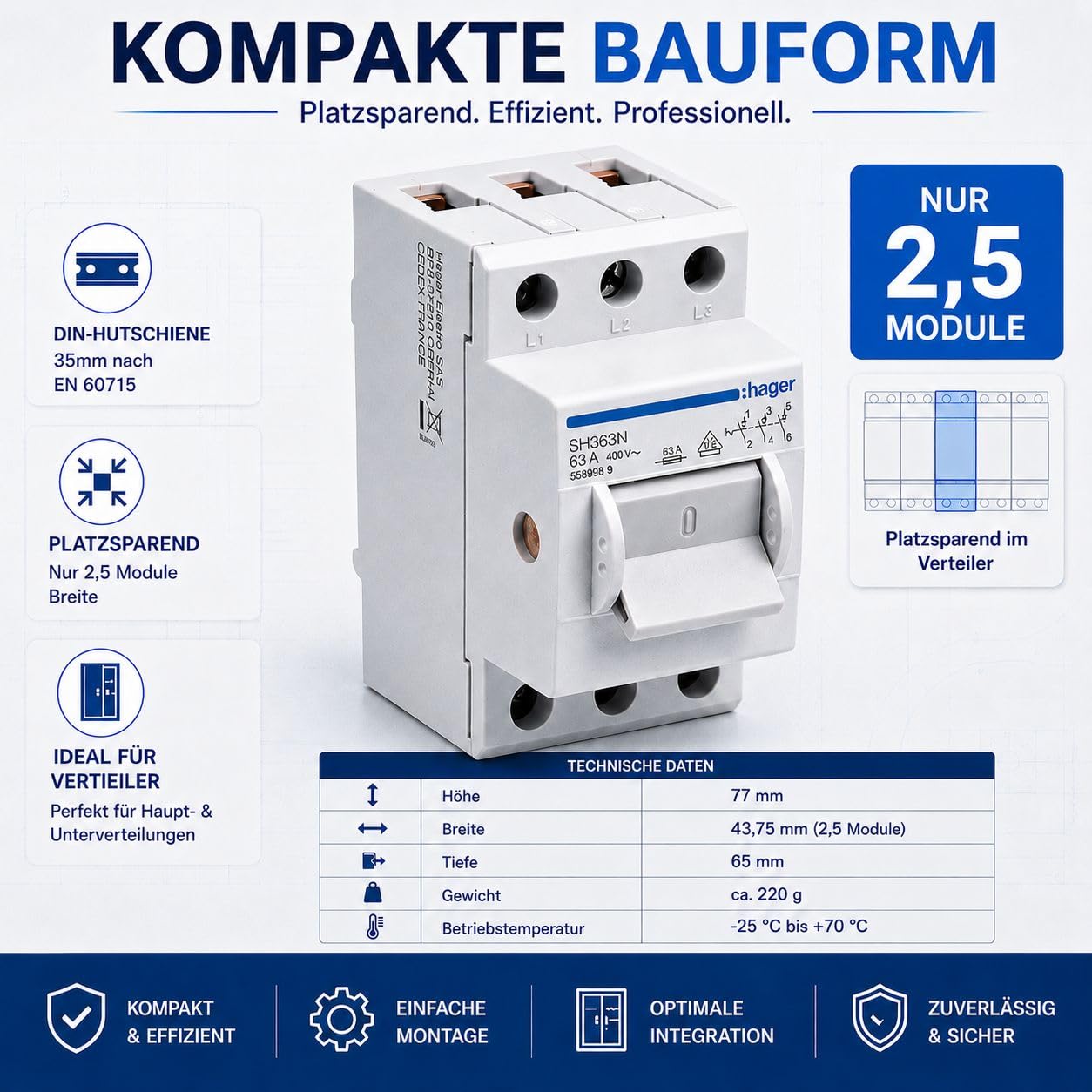 Hager SH363N Hauptschalter 63A 3-polig für Hutschiene, Ausschalter 400V AC, Kompaktschalter für Unterverteilung Hauptverteilung Schaltschrank DIN-Schiene 35mm 3x63 Ampere