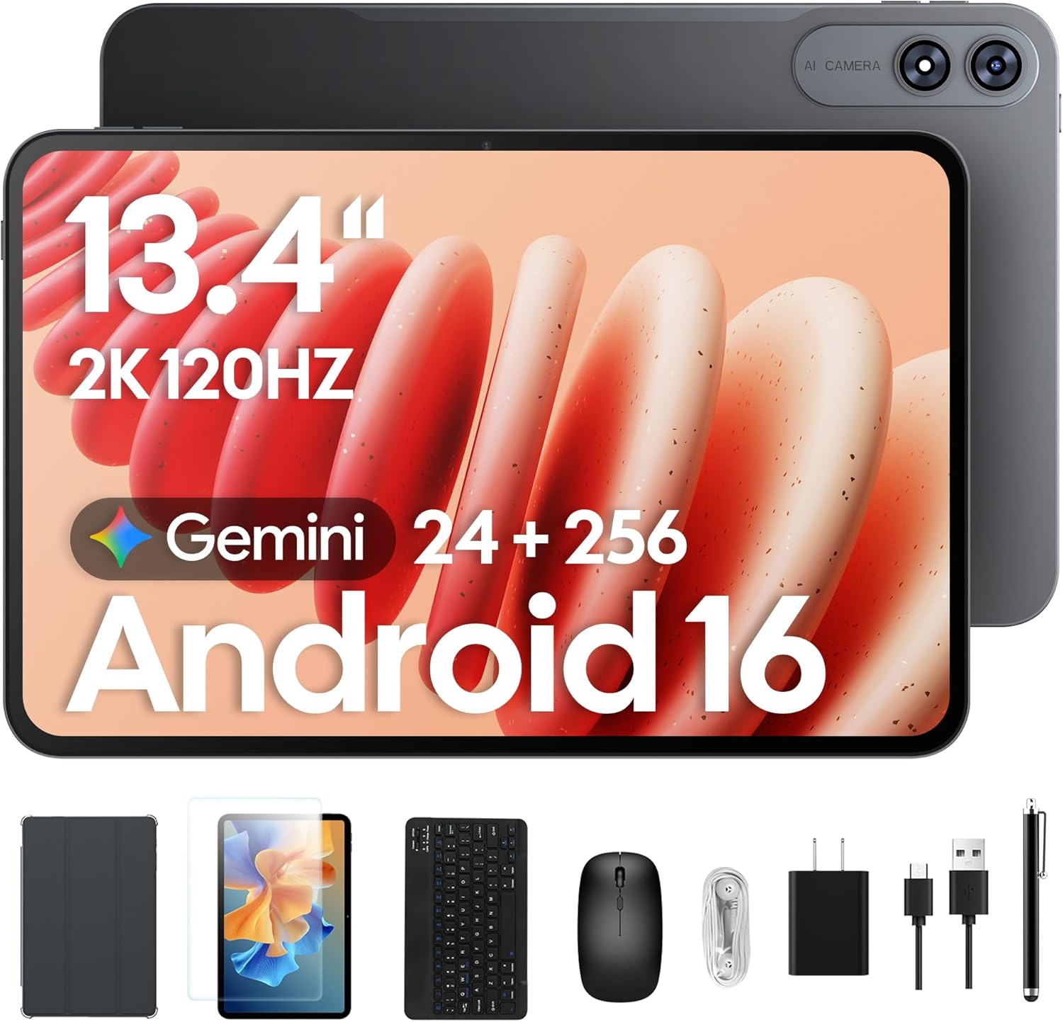 2026 Upgraded 13.4 inch Android 16 Tablet with Keyboard Bundle, Large 13 inch Tablet with 2K 120Hz IPS Display, 24GB RAM + 256GB ROM, 2.2Ghz Octa-Core,10000mAh Battery, Tablet with Pen & Mouse
