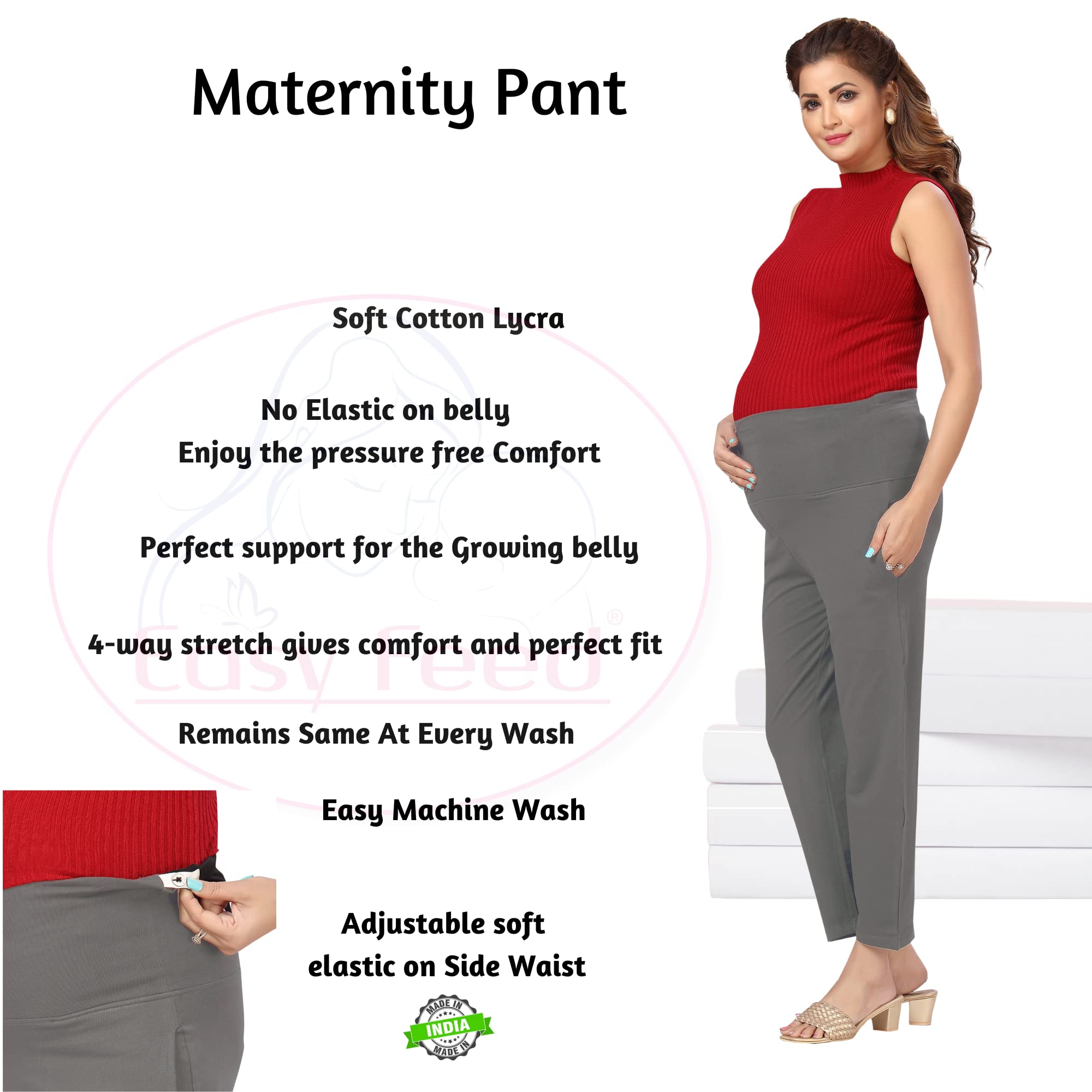 Easy Feed Women Regular Fit Cotton Lycra Maternity Mid Rise Pants With Over The Belly Ankle Length | Backside Elastic Design Pre & Post Pregnancy For Pregnant Ladies Mother (Grey,3Xl) 1