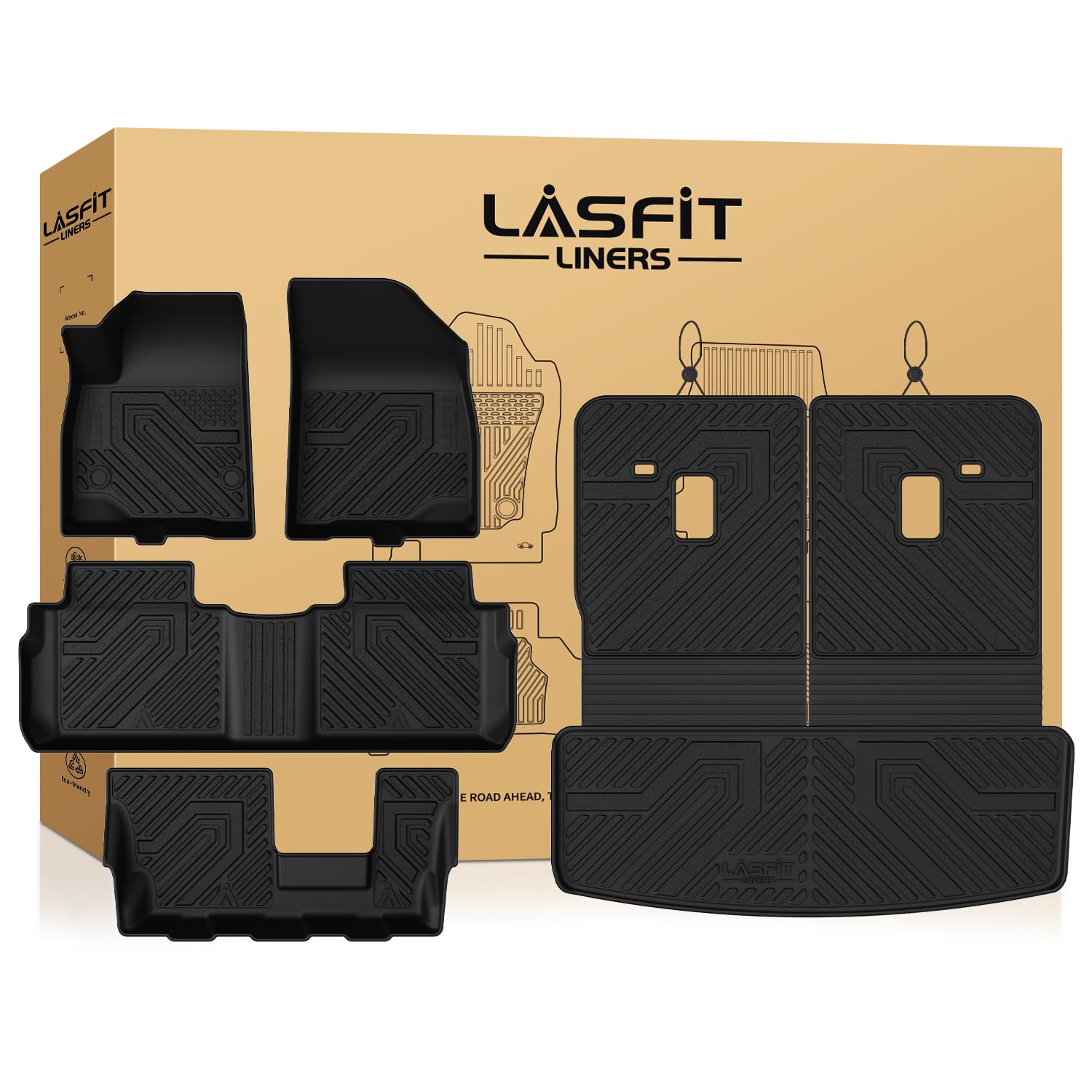LASFIT Floor Mats &amp; Cargo Liner with Backrest Mat for GMC Acadia 2017-2023 (Only Fit 7 Seats), All Weather TPE Custom Fit Floor Mats for Cars, 3 Rows Floor Liners Car Mats Full Set, Black