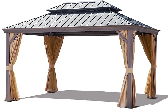 Joyside 10 X 14 Double-Tier Hardtop Gazebo, Aluminum Metal Gazebo with Reinforced Galvanized Steel Roof Curtain and Netting, Permanent Gazebo Pavilion for Patio, Backyard, Deck, Lawn