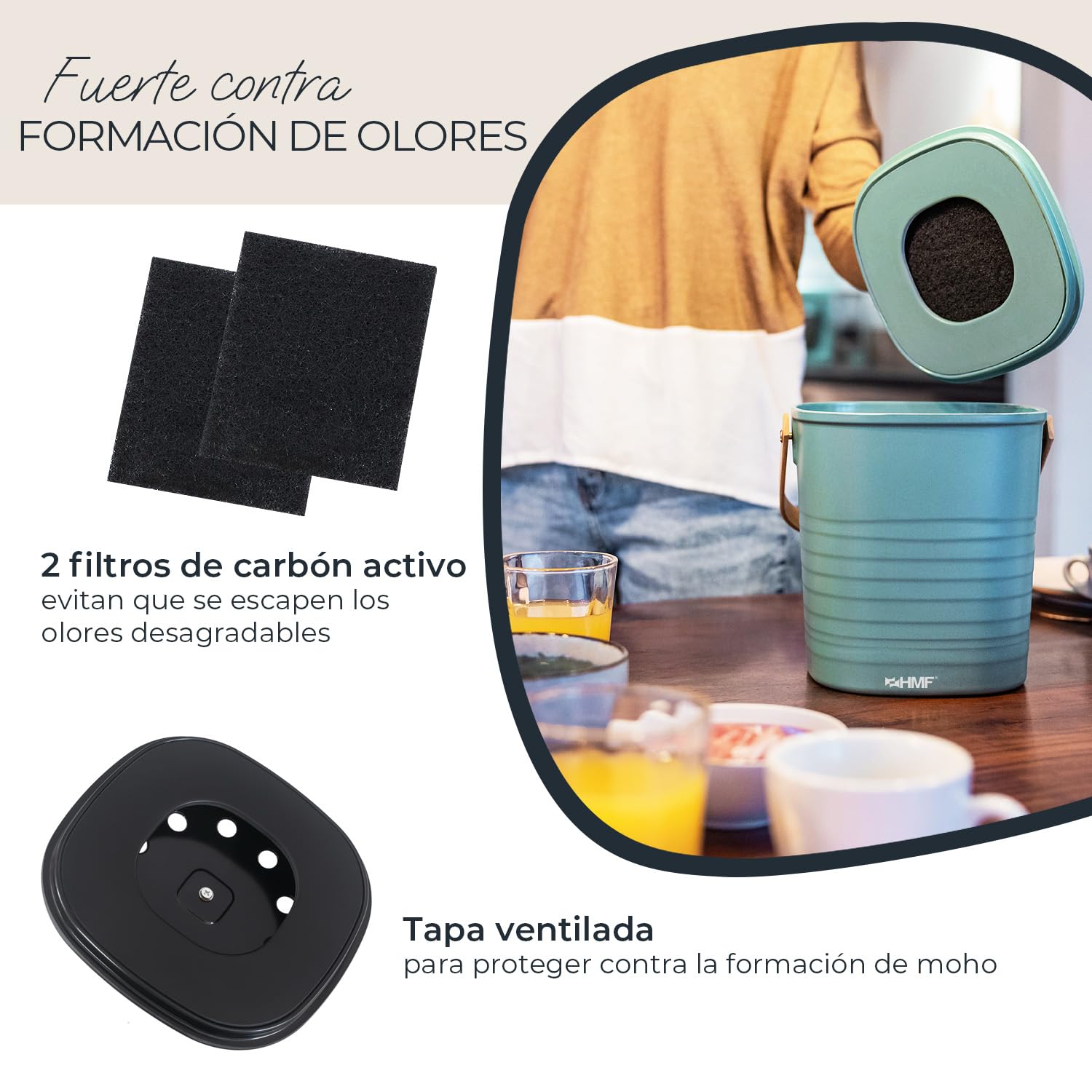 HMF Cubo de basura ecológico sostenible para cocina, inodoro con tapa, 3 litros, color negro