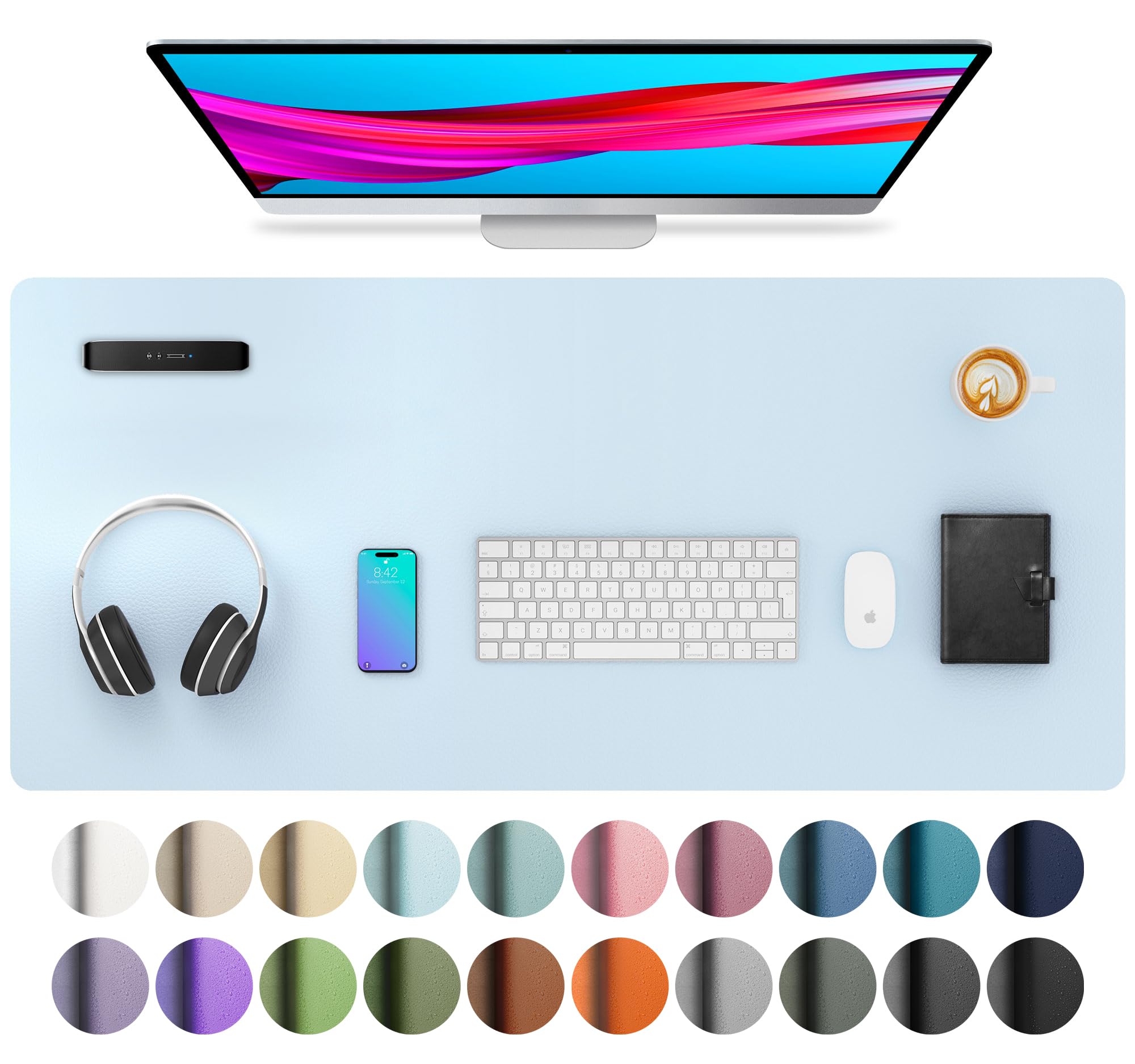 Aothia Leather Desk Pad Protector, Mouse Pad, Office Desk Mat, Non-Slip PU Leather Desk Blotter, Laptop Desk Pad, Waterproof Desk Writing Pad for Office and Home (36" x 17", Baby Blue)