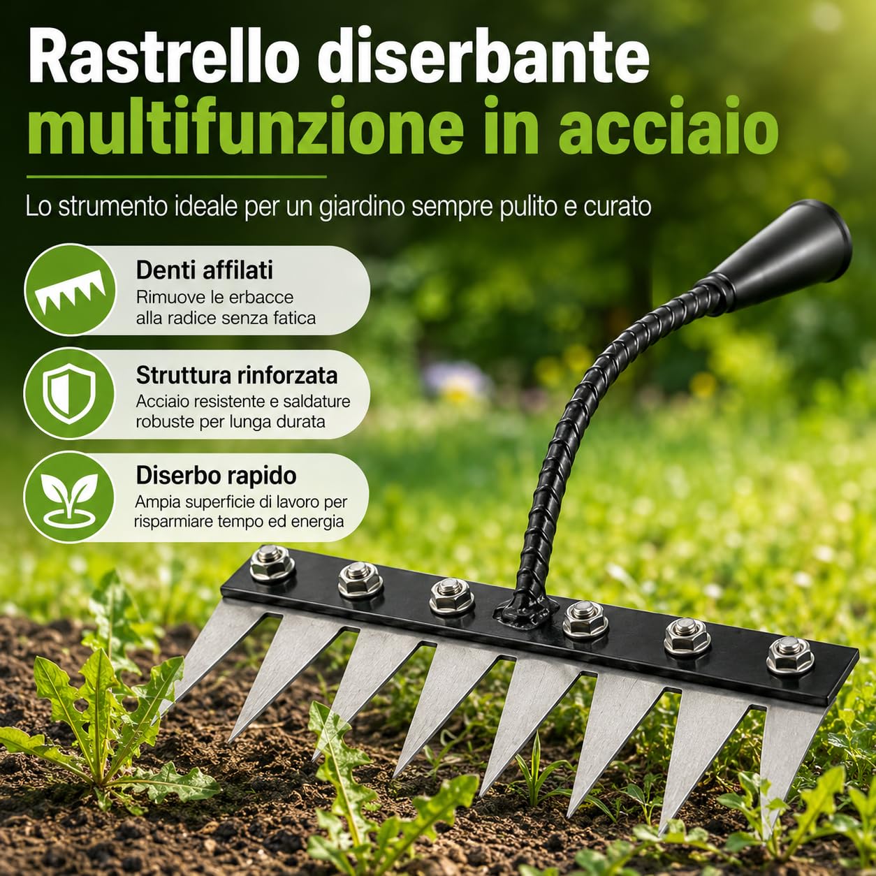 Rastrello per Erbacce Manuale, Sarchiatore con Punte Affilate in Acciaio, Estirpatore Erbacce per Orto e Giardino, Zappa Diserbante per Smuovere e Pulire il Terreno, 5/6/7/8 Denti