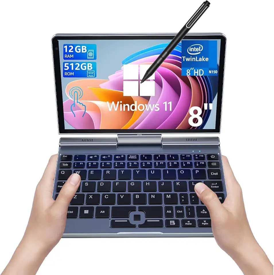 Mini laptop, laptop pequeno Win11 Pro 20.3 cm HD Touch Screen 2 em 1 bolso PC 12GB LPDDR5 RAM, 512GB/1TB SSD Wi-Fi 6, BT 5.2, HDMI, laptop conversível com câmera de 2MP (P8N150-12GB+512GB)