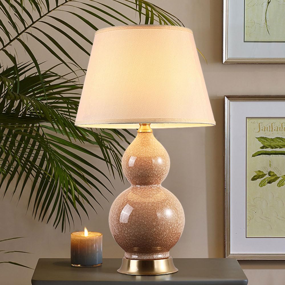 asdchZen Double Gourd Ceramic Table Lamp 24-Inch Crack Glaze Bedside Desk Nightstand Lamp Living Room Home Office Desk Nightstand Table Lamp