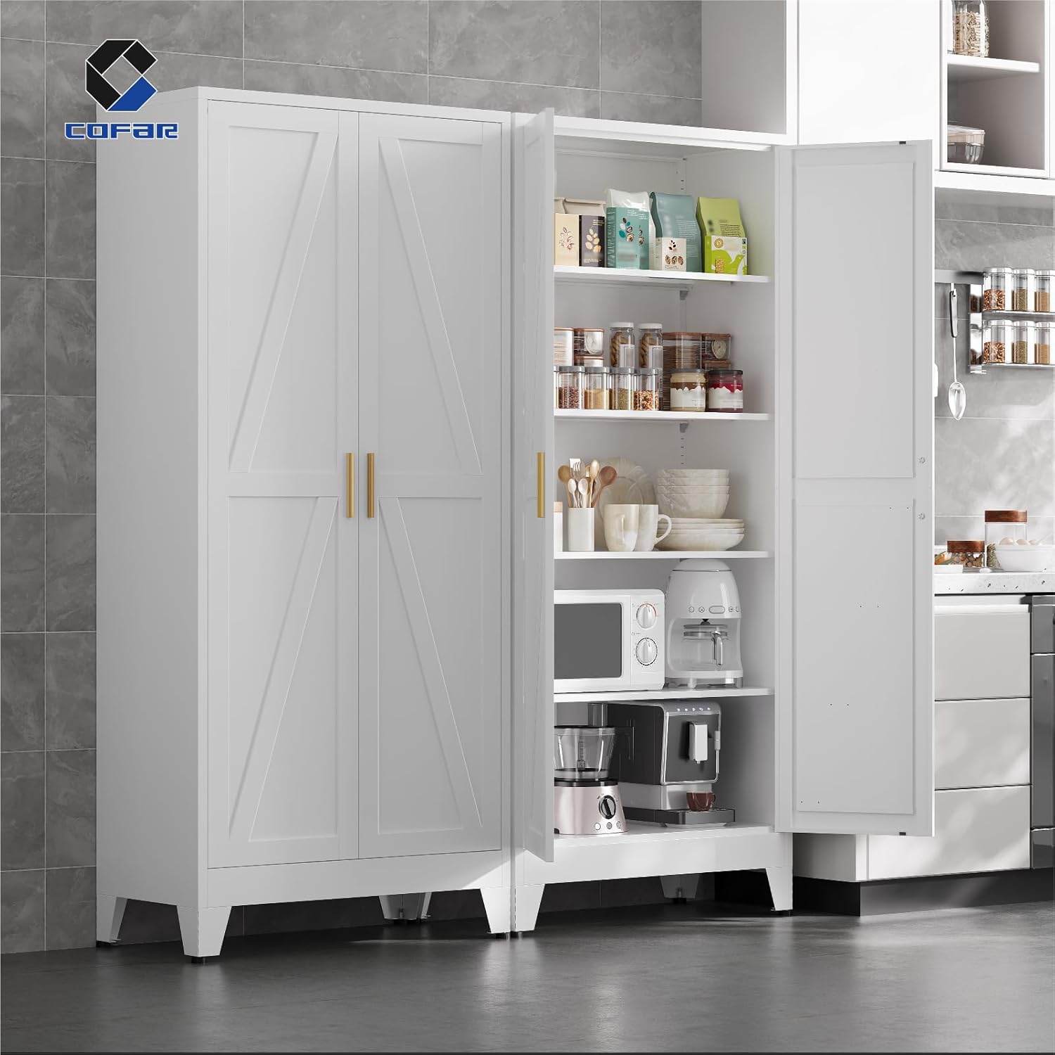 COFaR metal storage cabinet in a kitchen setting, showcasing анын дизайн жана сактоо мүмкүнчүлүктөрү.