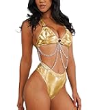 Rave Outfits for Women - EDC Metallic Holographic Body Chain Harness Top High Waist Bottom Festival Dance Bikini