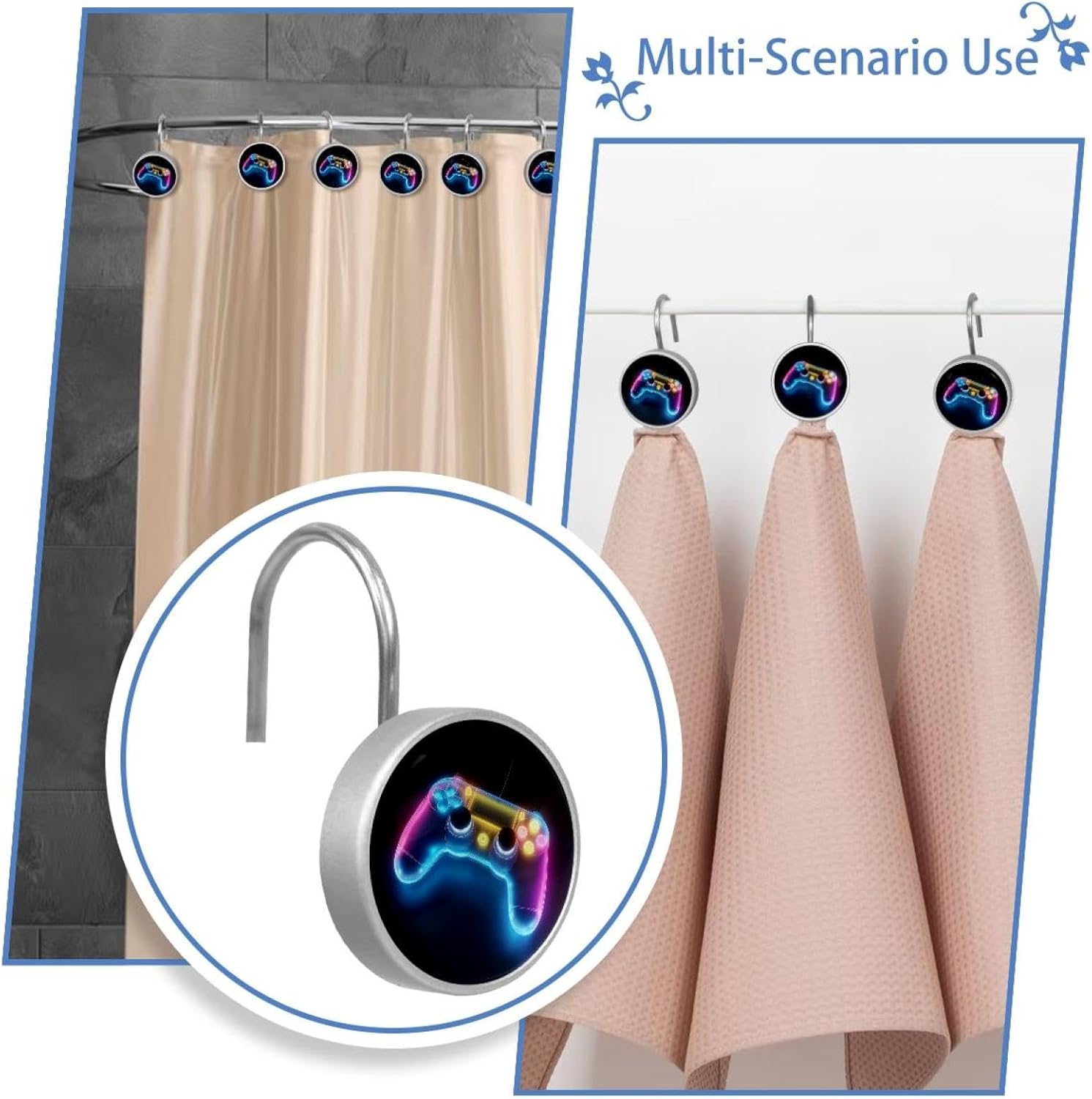 12 Pack Neon Gaming Controller Shower Curtain Hooks Rings, Durable Shower Hooks for Liner, Shower Rings for Curtain and Bathroom Shower Rod