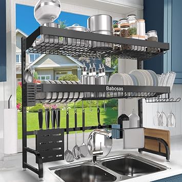 Over The Sink Dish Drying Rack,3 Tier Adjustable Length 25.5 to 37.4 Full Stainless Steel Large Storage Kitchen Dish Rack,for Kitchen Counter,Expandable Multifunctional Organizers,Black