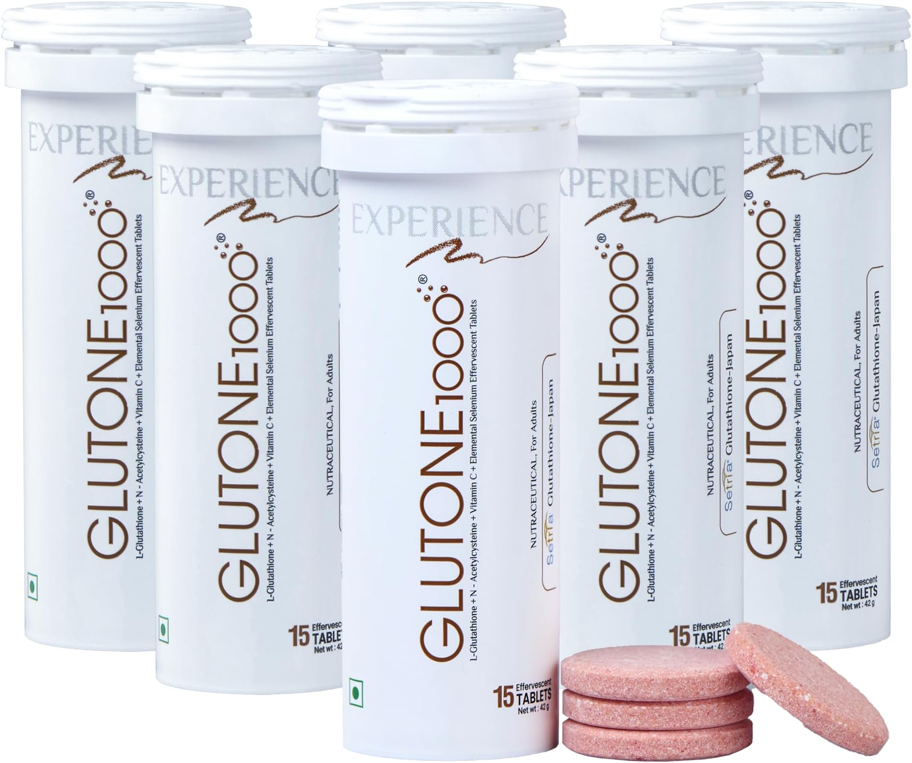 Glutone 1000 Setria L-Glutathione Tablets for Radiant & Clear Skin | 600mg Premium L-Glutathione & Vitamin C | Skin glow Brightening Supplement | 15 Effervescent Tablets | Orange Flavor (Pack of 6)
