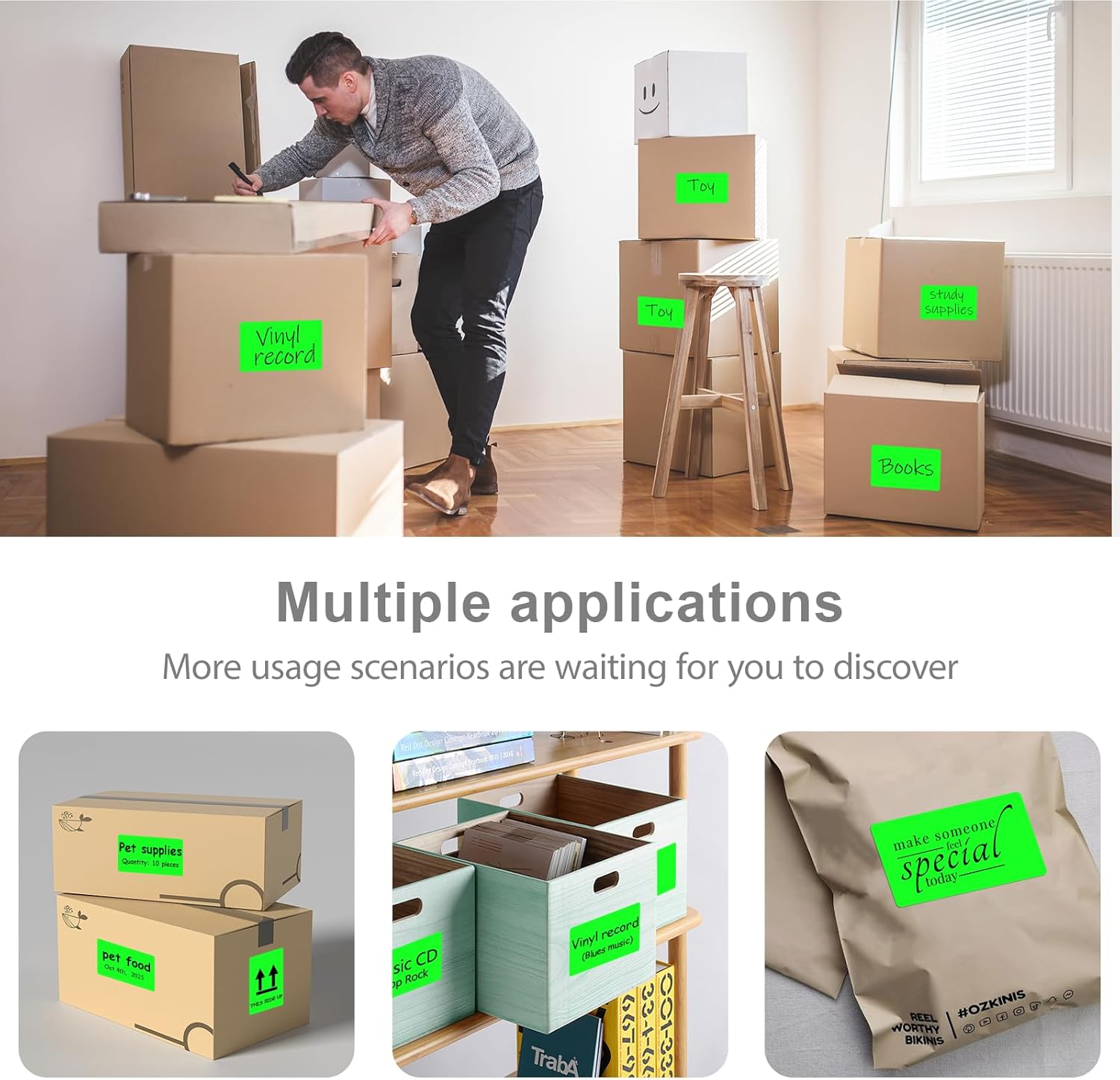 1200PCS Rectangle Label Stickers 3x5 Inch Inventory Labels Color Coding Thermal Shipping Labels for Moving Box, Printable Adhesive Stickers for Bar-Codes, Address,4 Rolls,Fluorescent Green