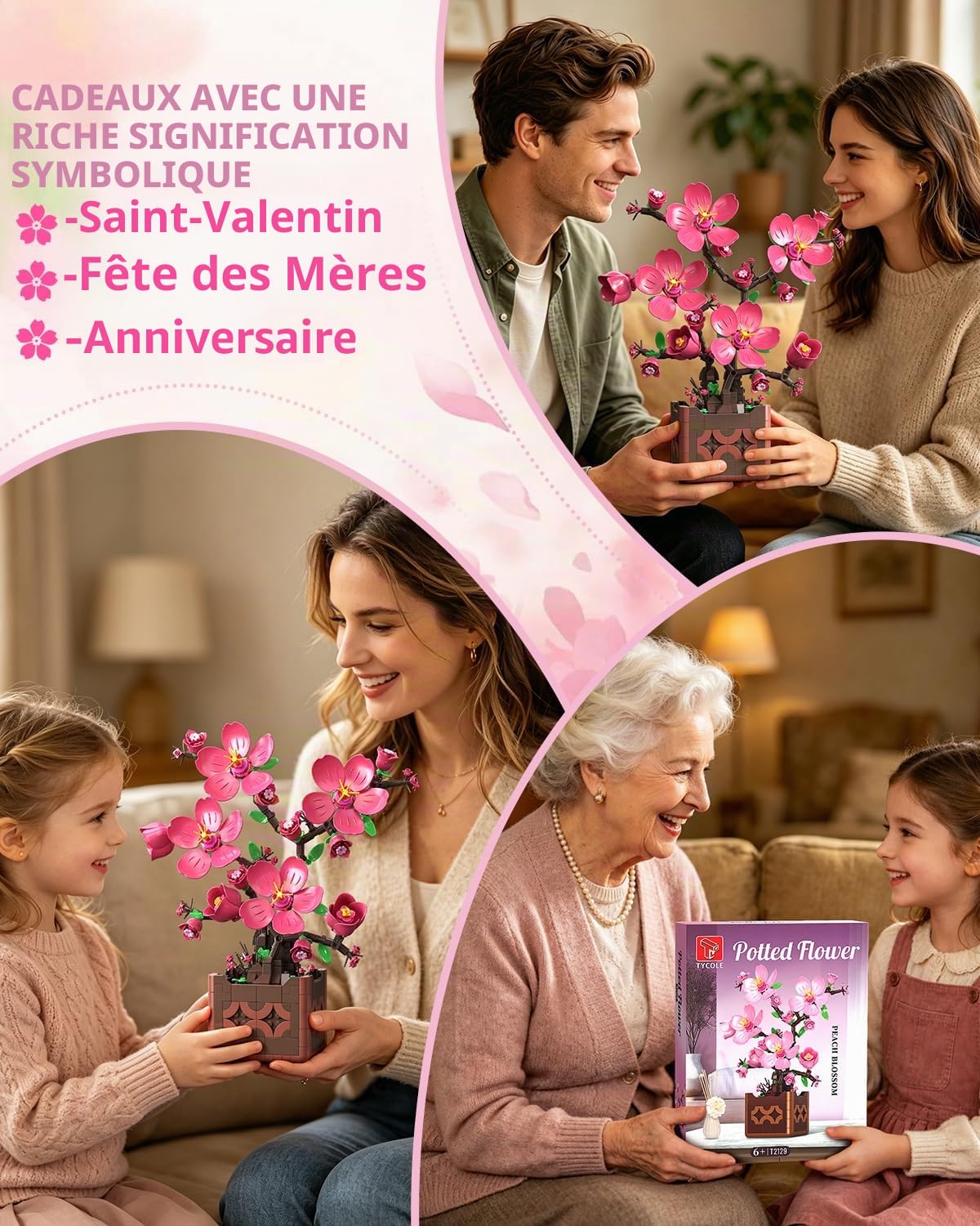 TYCOLE Fleurs de Pêcher en Briques, Bonsaï en Pot, Jeu de Construction 6+