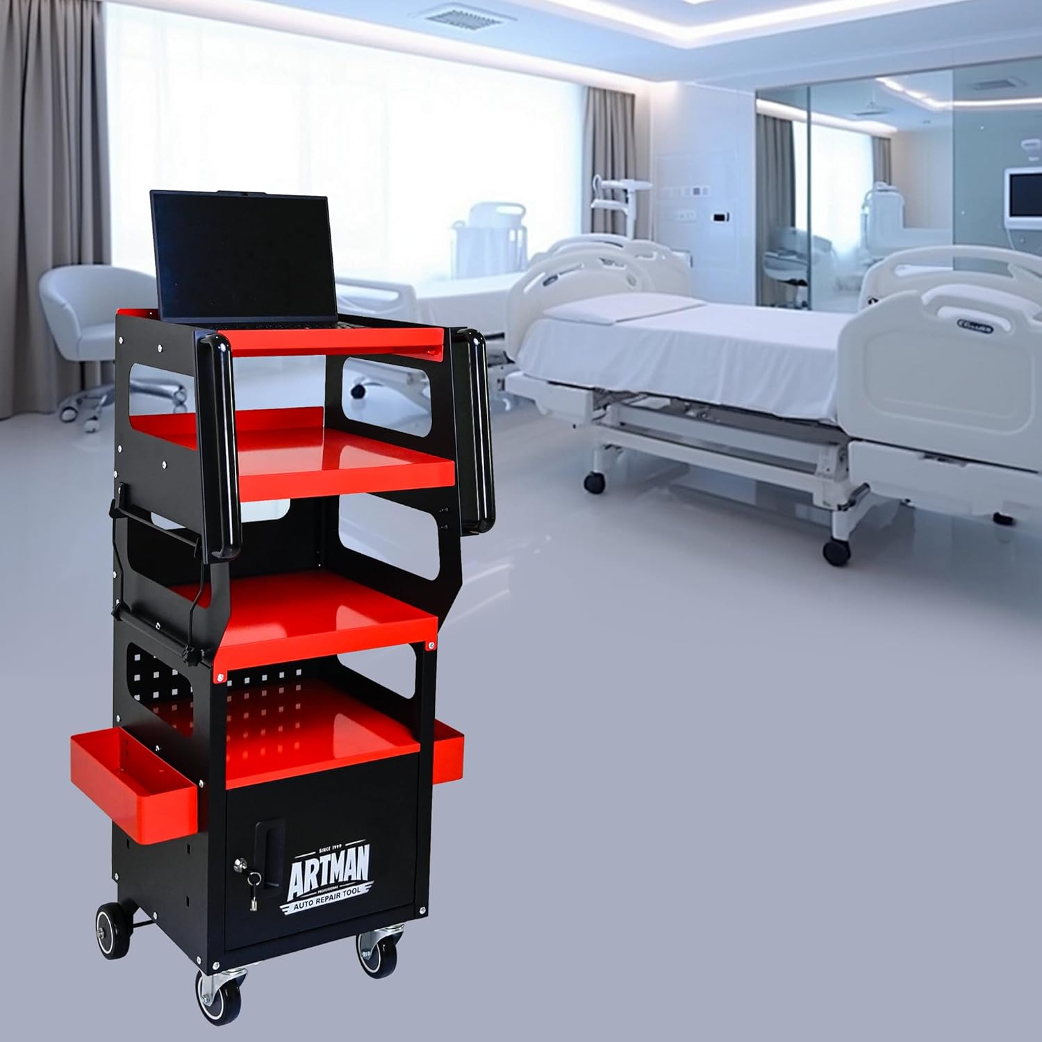 4-Tier Heavy Duty Diagnostic Cart for Automotive Repair with Locking Cabinet & 360° Locking Casters, Mobile Multi-Level Tool Storage Organizer for Scanner, Laptop