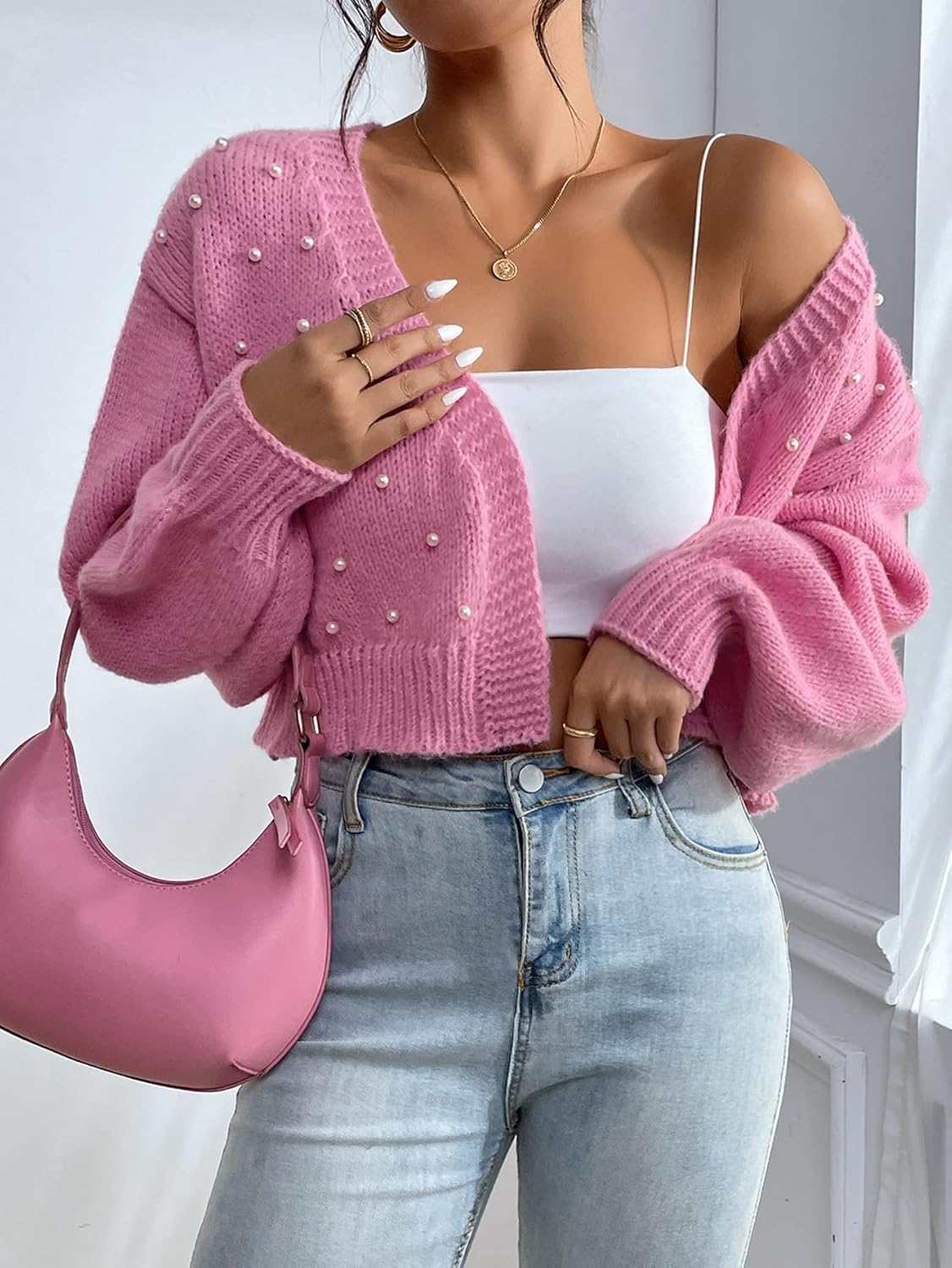 SHENHE Women's Pearl Beaded Open Front Cardigan Oversize V Neck Drop Shoulder Cropped Sweater - Image 4