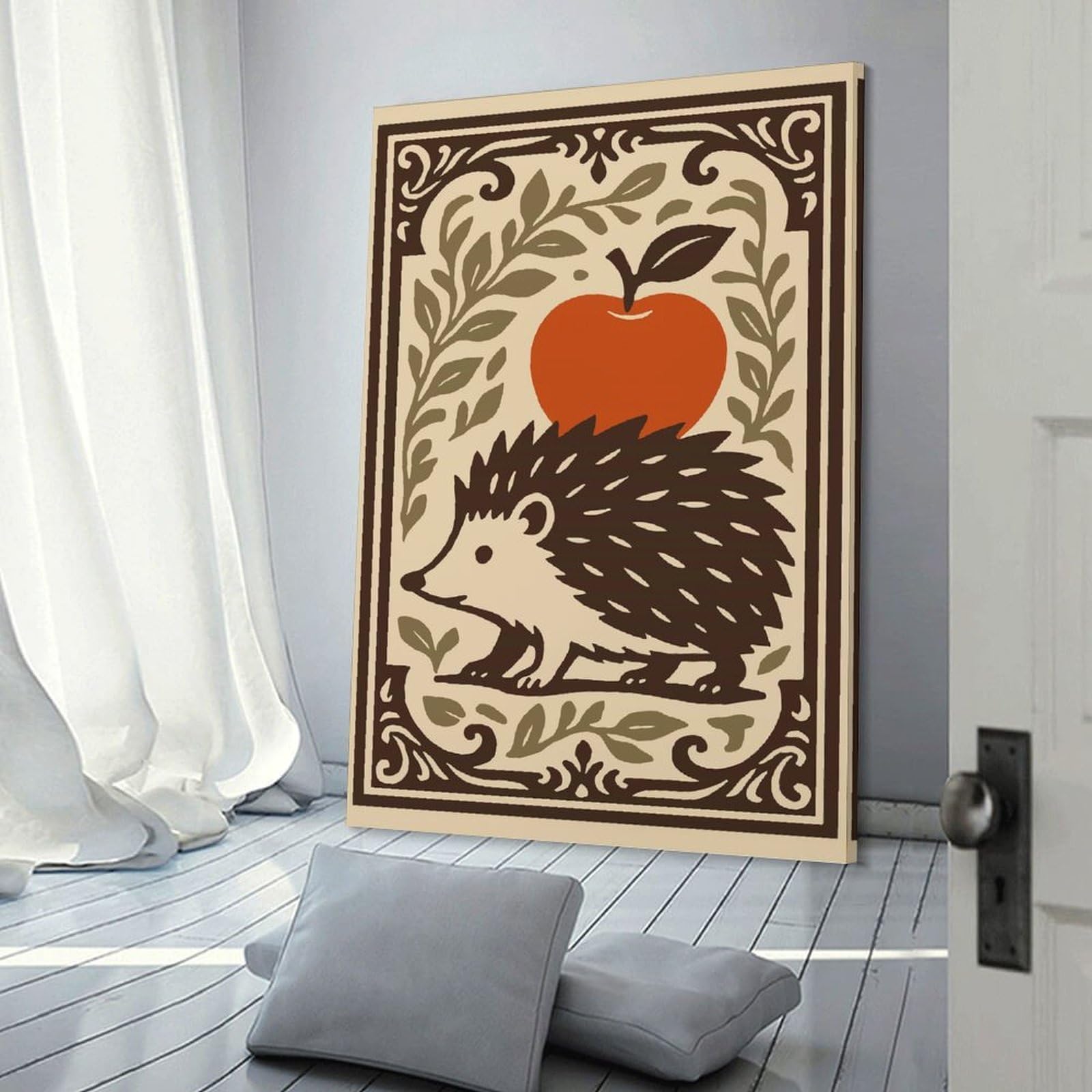 Junmoney Hedgehog And Apple Illustration Decorative Canvas Print 16x24inch(40x60cm), for Gallery Wall Layouts in Home Or Office, Home Wall Art for Statement Displays
