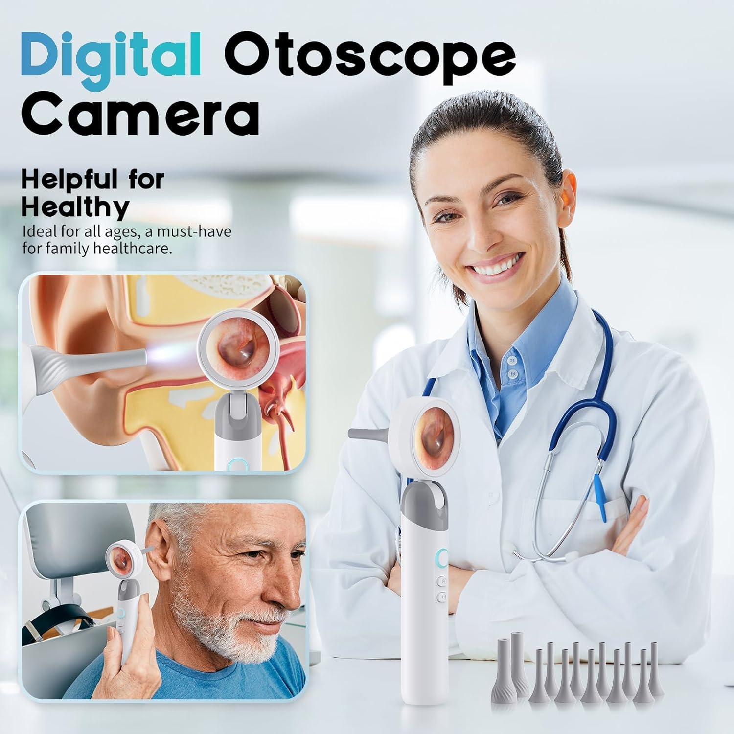 1080P HD Otoscope Ear Camera for Family, Medical Grade 1.38" Screen, Telemedicine Ready, 12 Silicone Tips and 3 Adhesive Ear Sticks, Photo/Video, Type-C Charging, Home Medical