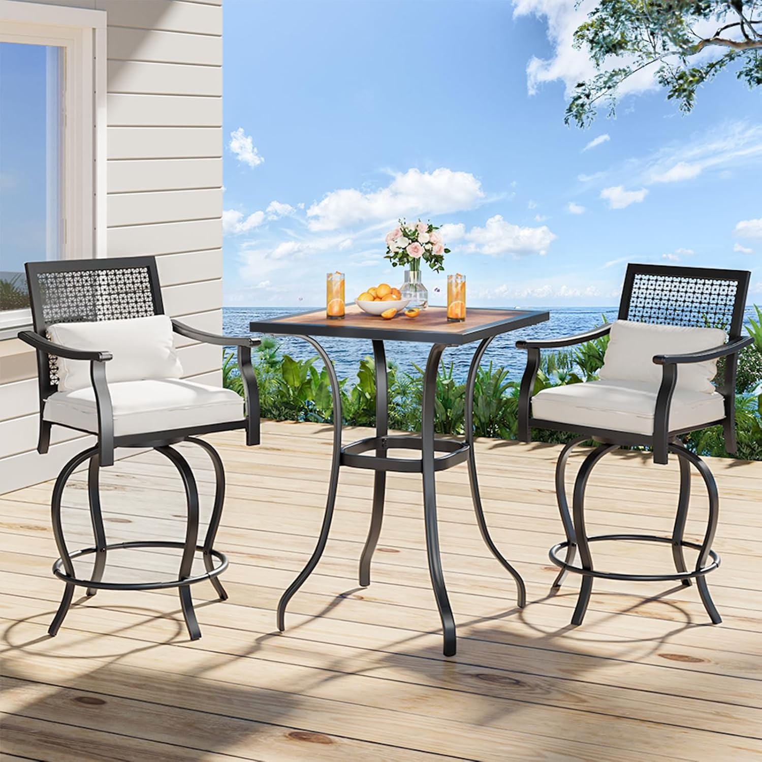 AECOJOY Outdoor Height Bar Table, 36'' Metal Frame Bar Table Bistro Square Table with Wooden Top, High Top Outdoor Pub for Patio Garden Lawn Poolside, Brown