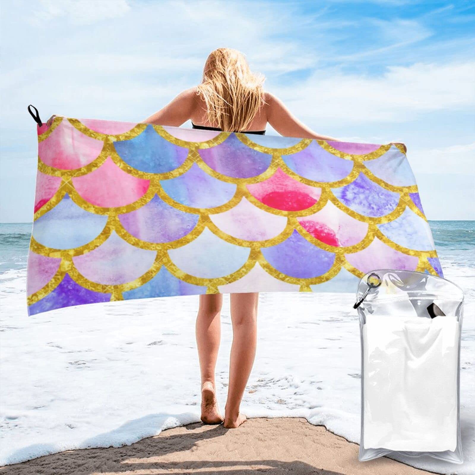 Lawenp Colorful Scales Microfiber Beach Towel Adults Large Quick Drying Bath Towel Travel Towels with Pouch 31.5"x63"