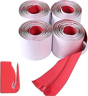 CALPALMY 4-Pack Heavy-Duty Dust Protector Zipper (Red) - Self-Adhesive Instant Door Zipper - 7 Ft Length x 3" Width - Includes 4 Zippers and Plastic Sheeting Cutter Accessories