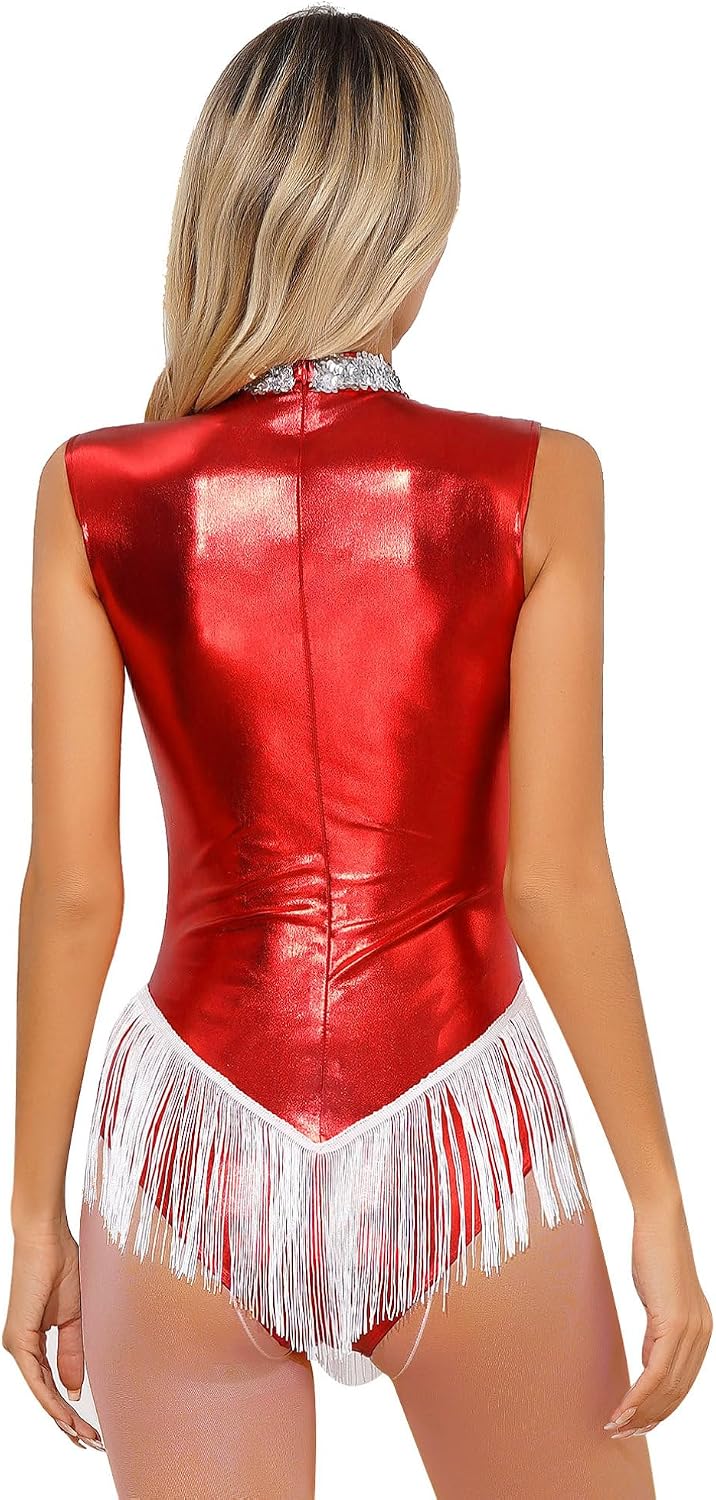 iiniim Womens Metallic Sleeveless Fringed Bodysuit Shiny Sequins Tassel Jazz Leotard for Performance