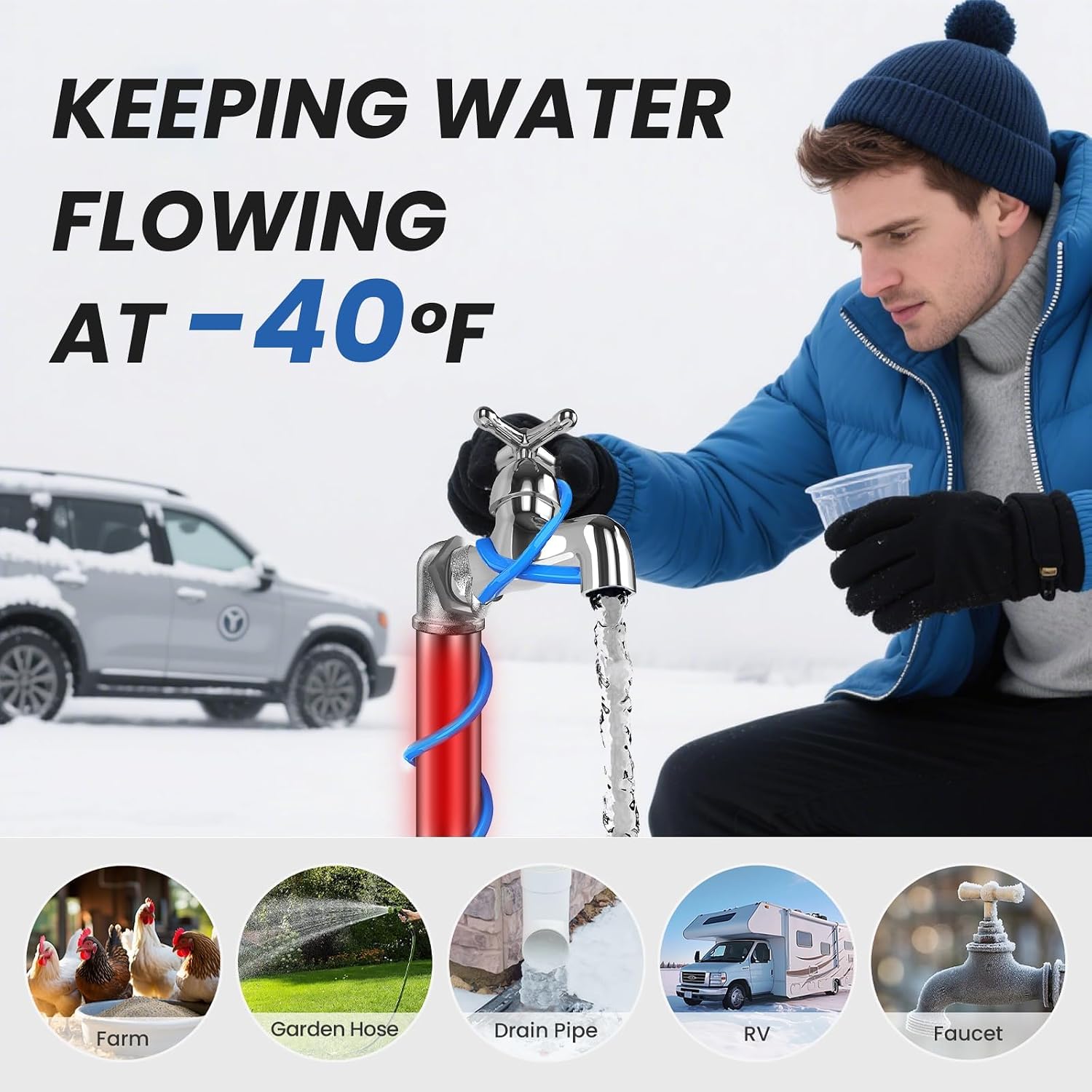50 FT Heat Tape for Water Pipes Freeze Protection, YeloDeer Self Regulating Heat Trace With Thermostat, Heating Cable for Metal Plastic Pex Pipes Keeps Water Flowing at -40°F 5W/Ft, 120V