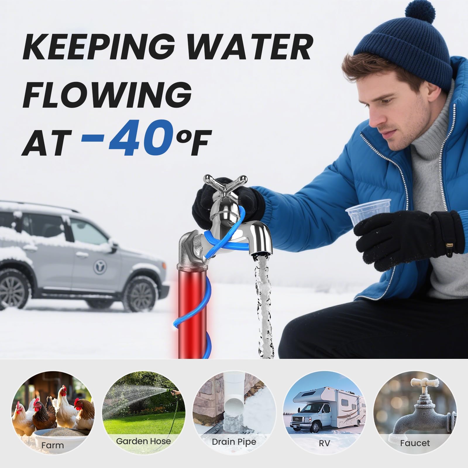 24 FT Heating Cable for Water Pipes with Upgraded Thermostat, Heat Trace for Metal and Plastic Home Water Pipes YeloDeer, 120 V Electric Pipe Heat Cable for Pipe Freeze Protection - 3