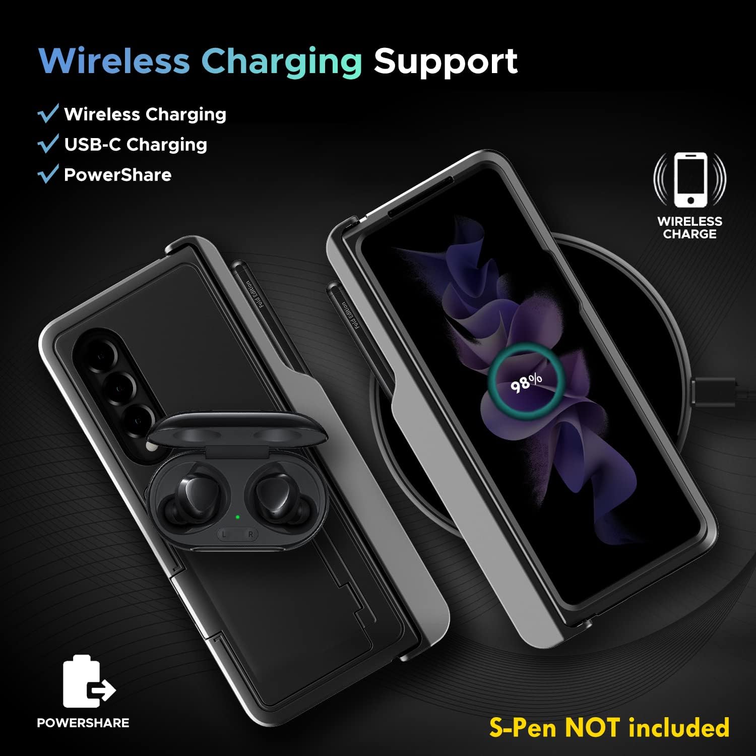 Samsung Galaxy Z Fold 3 Phone Case with 2 Hinges Protection, Credit Card Storage Kickstand Design, with 9H Tempered Glass (Gray, S-Pen not Included)