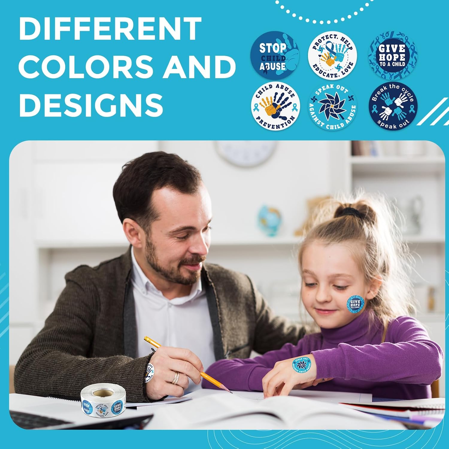 Geyoga 1000 Pcs Child Abuse Awareness Stickers Blue Ribbon Stop Child Abuse Stickers for April Prevention Month Public Charity Campaign, 6 Styles