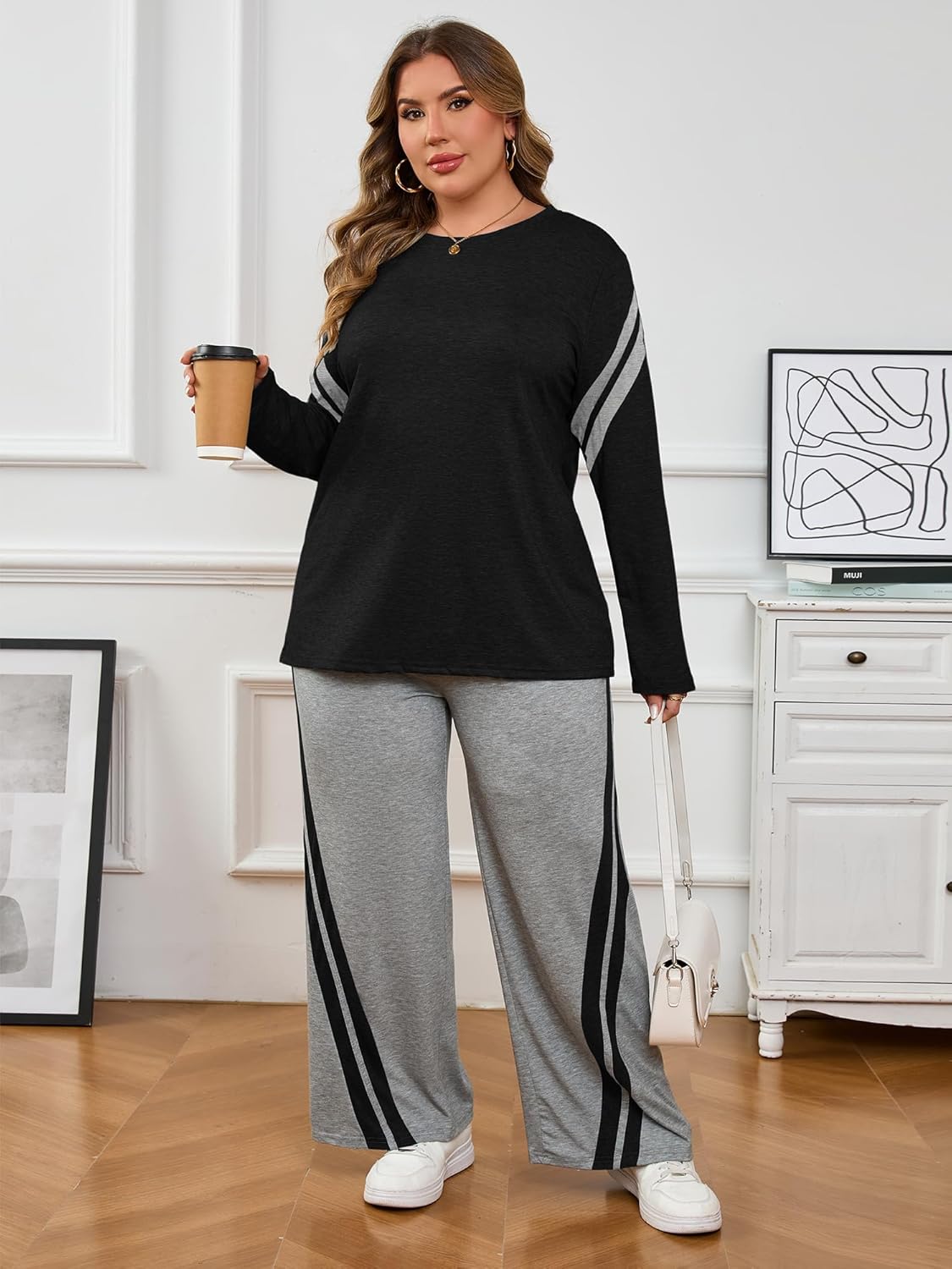 Chulianyouhuo Womens Plus Size 2 Piece Outfits Tracksuit 2025 Fall Lounge Set Wide Leg Pants Long Sleeve Tops Sweatsuit