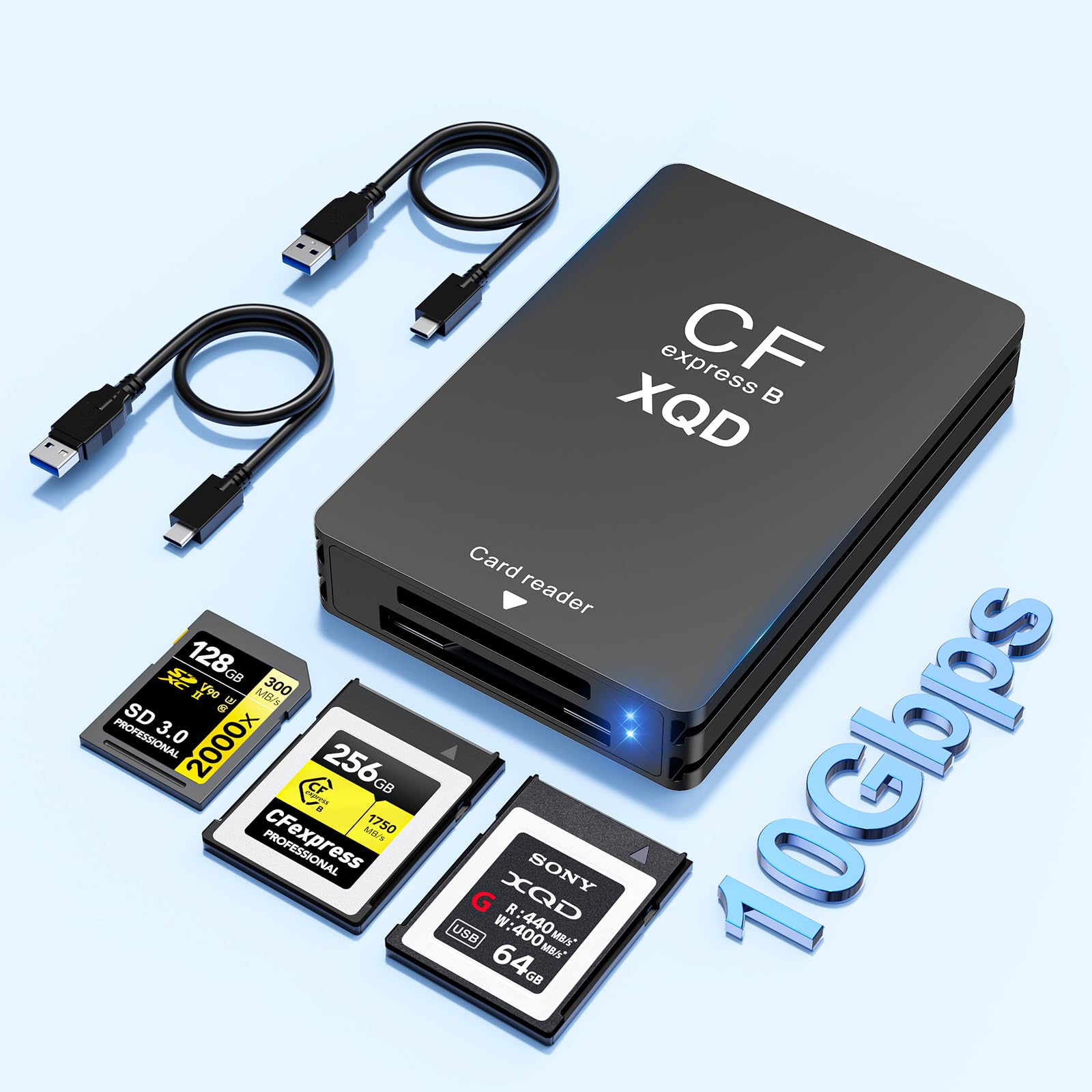 3 in 1 CFexpress Type B &amp; XQD &amp; SD Card Reader 10Gbps USB3.1 Gen2, Aluminum Typ B CFexpress Adapter Camera External Memory Card Reader Support Windows/Mac OS/Linux/Android with USB-A/USB-C Cable,Black