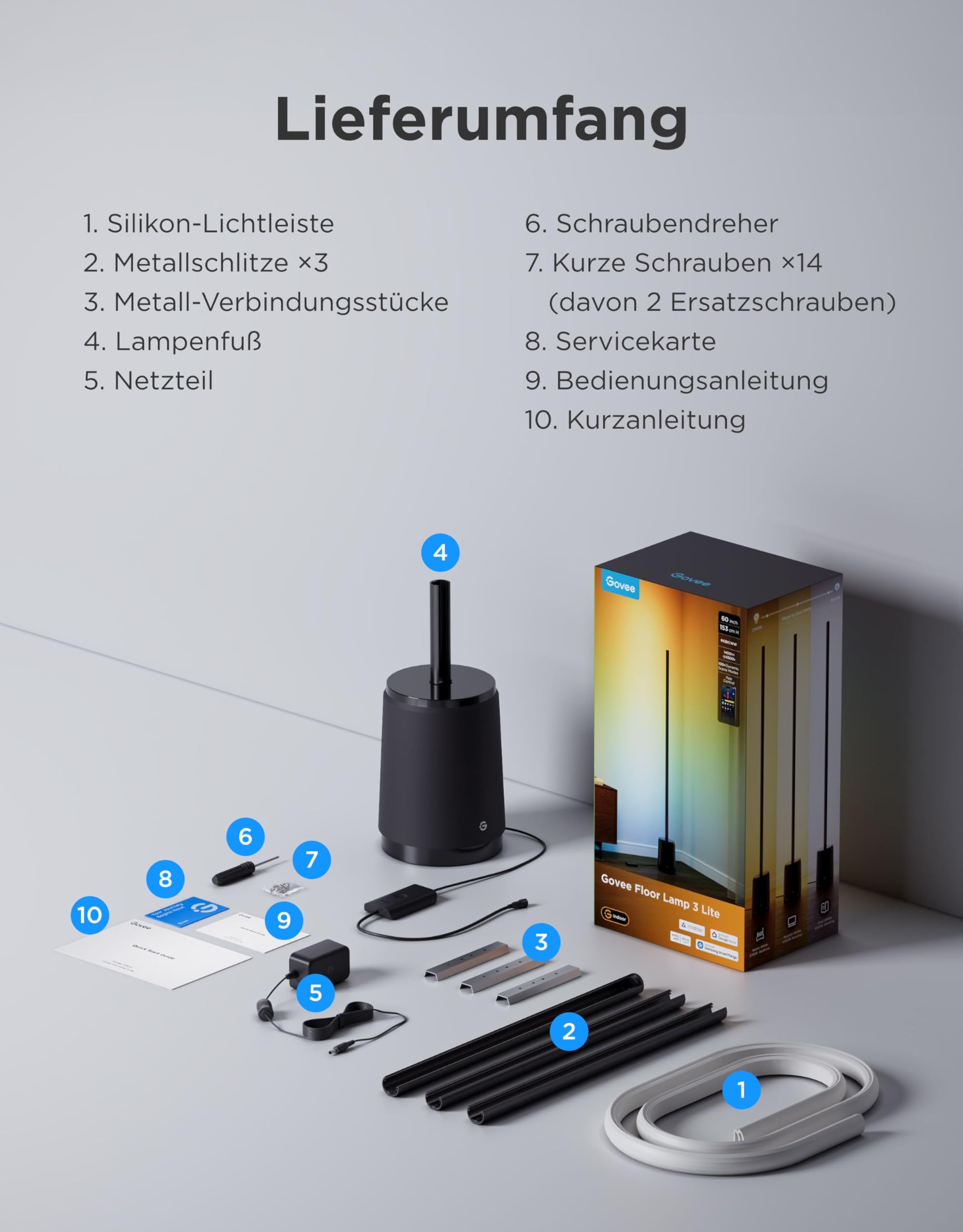 Govee Stehlampe 3 Lite RGBICWW, 1400 lm Dimmbar Stehlampe Wohnzimmer 152cm | 2700-6500K, KI-Bot 2.0, DIY, Musiksynchronisation, 105+ Szenen, 12 Musikmodus, Alexa Matter SmartThings Kompatibel, Schwarz