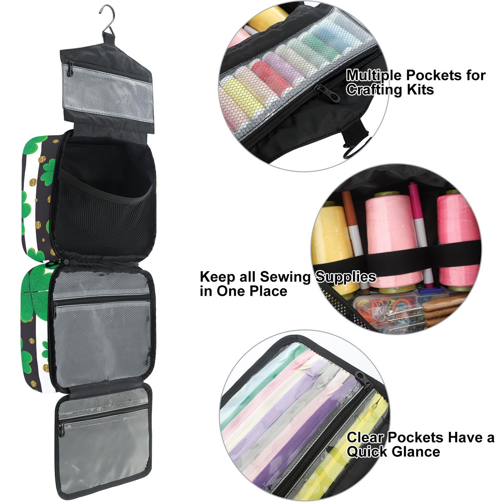 YNNALE Sewing Supply Organizer Bag, St.patrick's Day Shamrock Black White Striped Portable Sewing Bags with Pockets&Hanger, Sewing Storage Box Case for Sew Supplies/Kit/Tools/Accessories (BAG ONLY)