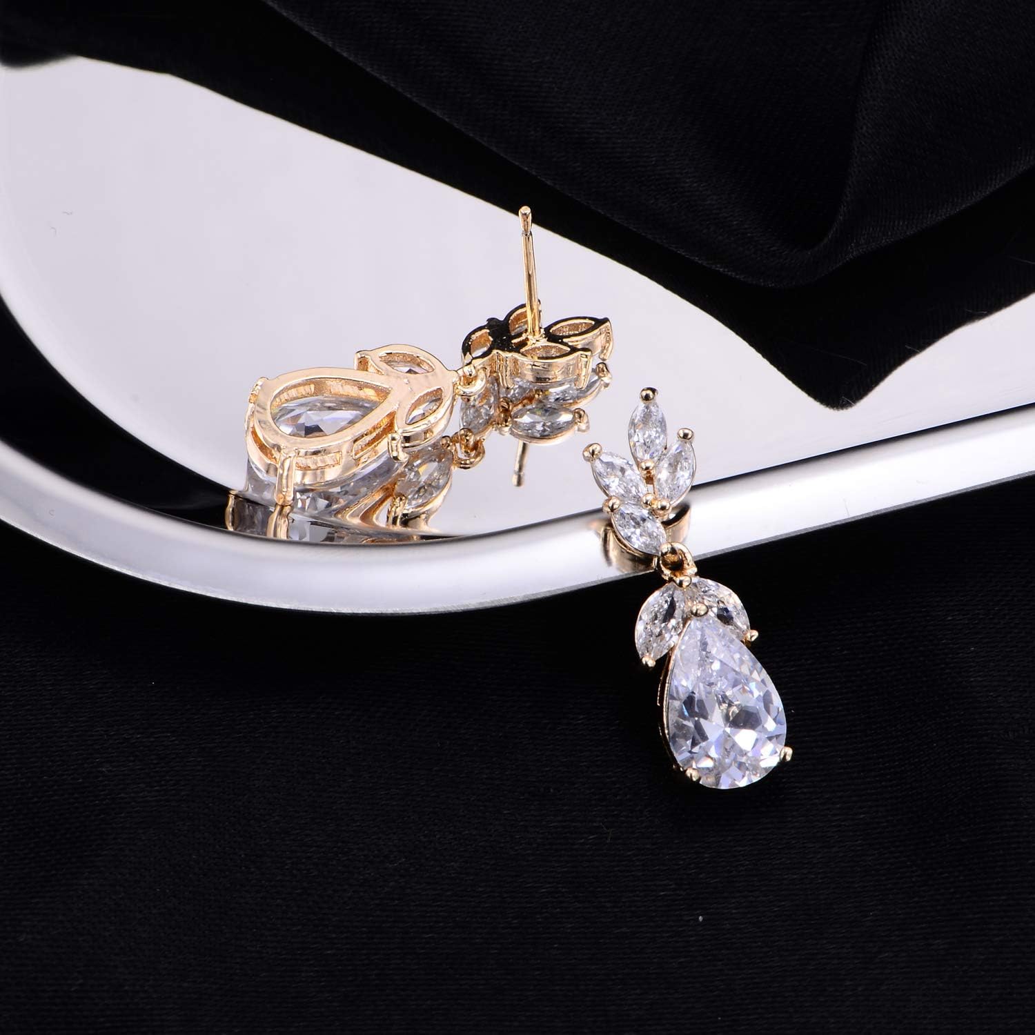 CZ Bridal Earrings for Wedding Women’s Elegant Teardrop Cubic Zirconia Cluster Floral Leaf Crystal Rhinestone Dangle Drop Earring for Bride Bridesmaids Mother of Bride Party Prom Earrings for Girls - Image 5