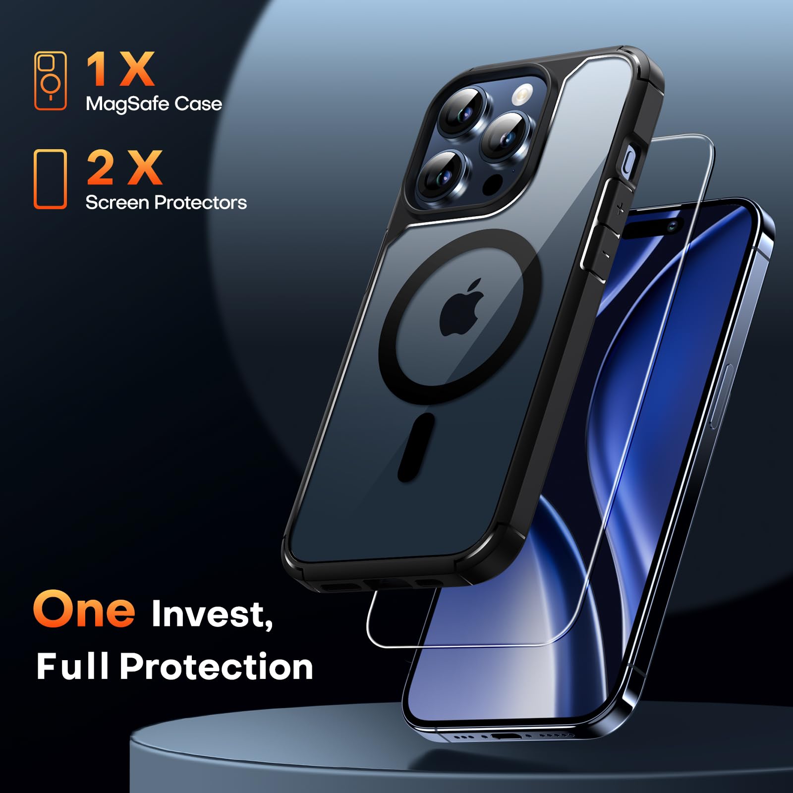 TAURI 3 in 1 Cover Magnetica per iPhone 15 Pro [Compatibile con MagSafe] con 2 Pellicola in Vetro Temperato, Custodia Rigida per Sottile Anticaduta - Nero