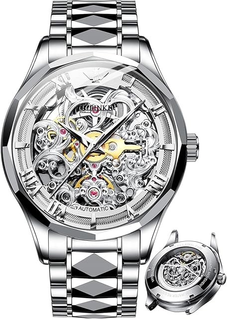 OLEVS Men Skeleton Watch Automatic Mechanical Self Winding Sapphire Crystal Luxury Dress Tungsten Steel Waterproof Two Tone Strap