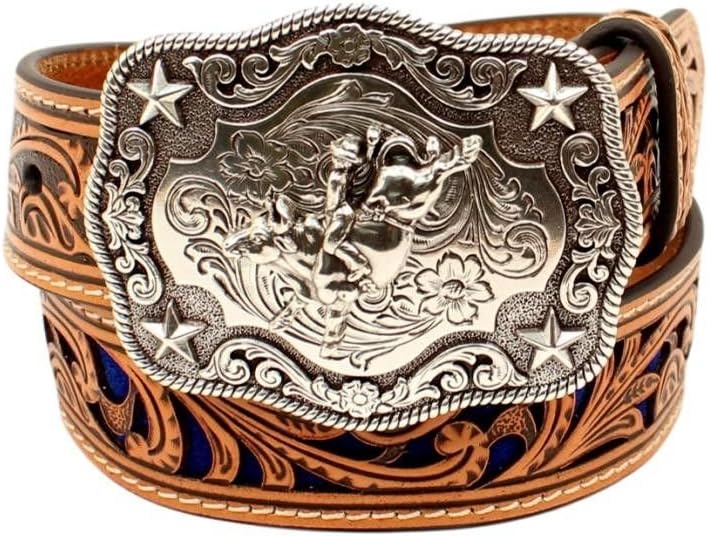 M&F Western Products Boys Brown Belt With Blue Inlay Scroll Brown 26