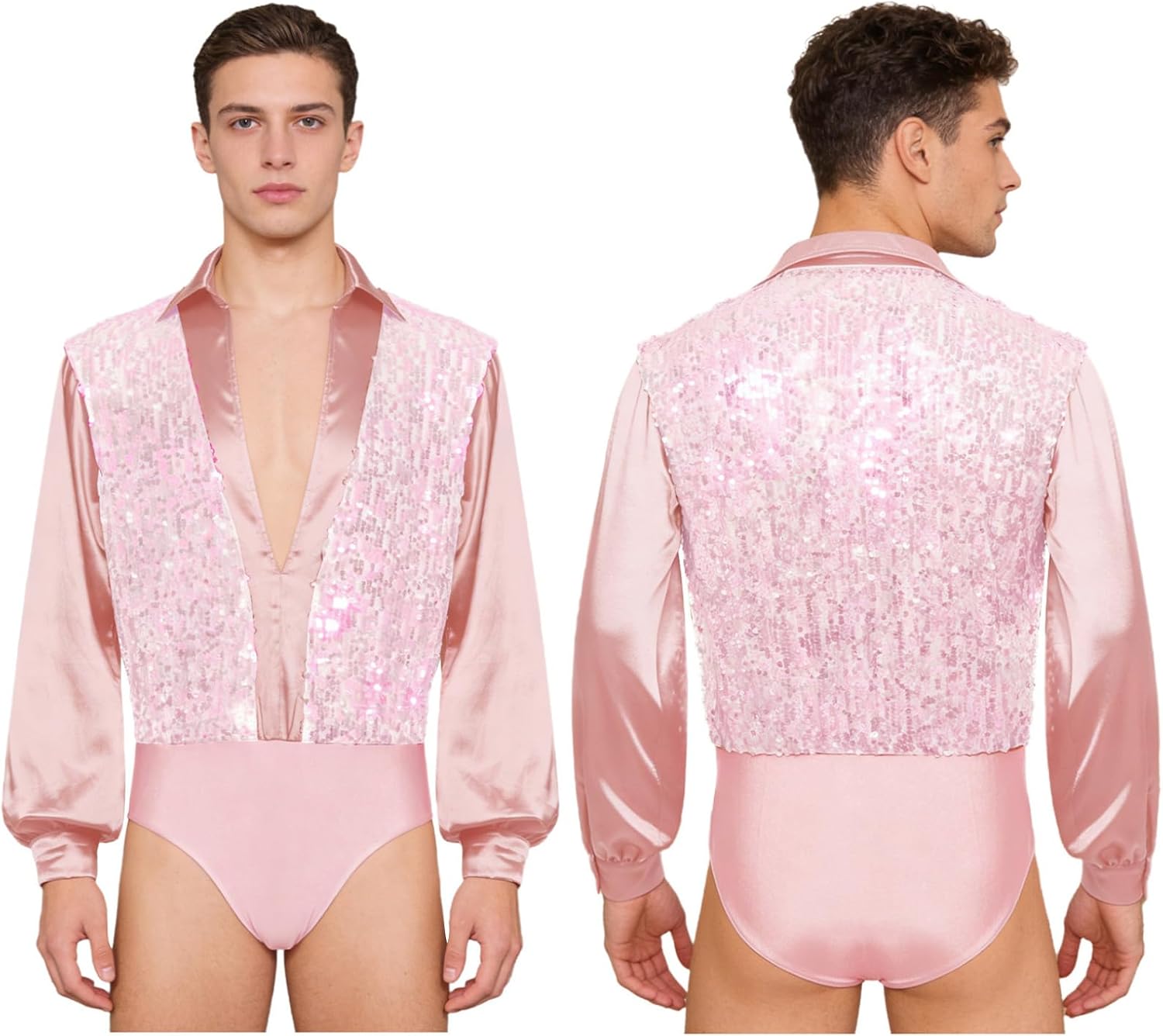 ACSUSS Men Latin Dance Bodysuit Top Shiny Sequins Long Sleeves Salsa Samba Leotard Shirt for Dance Competition