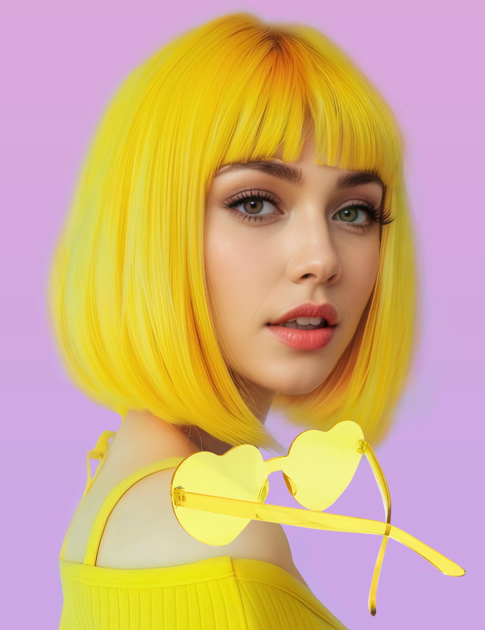 Photo 1 of MIUSKATL Wig and Sunglasses 12 Inch Short Bob Wigs with Bangs for Women Costume Cosplay Party (Yellow)