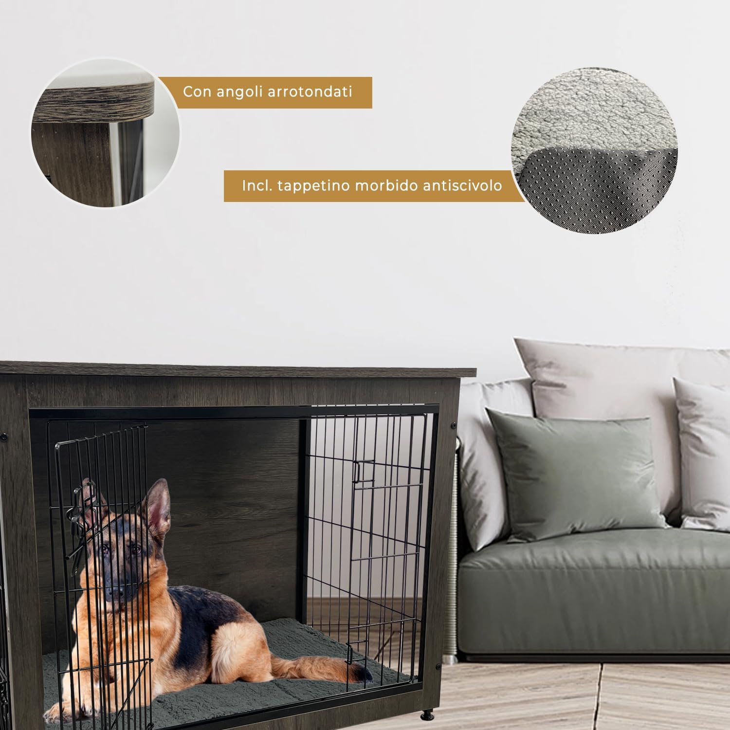 Close-up details of the MaxxPet dog crate showing rounded corners and the texture of the included anti-slip soft mat.