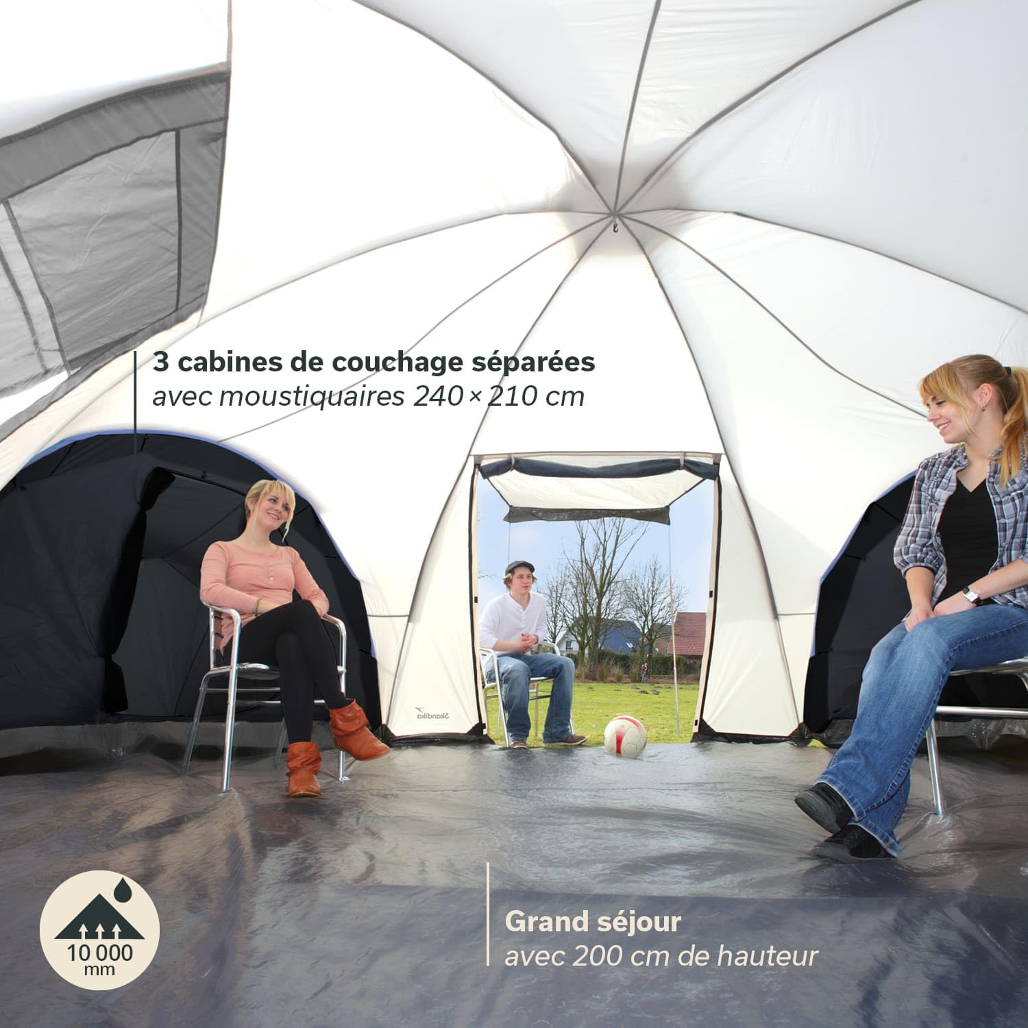 Skandika Corse/Turin Tente dôme pour 10-12 Personnes | Grande Tente familiale, 3 cabines de Couchage, 200 cm de Hauteur Debout, Colonne d'eau 5000 mm | Extérieur, Camping, Famille