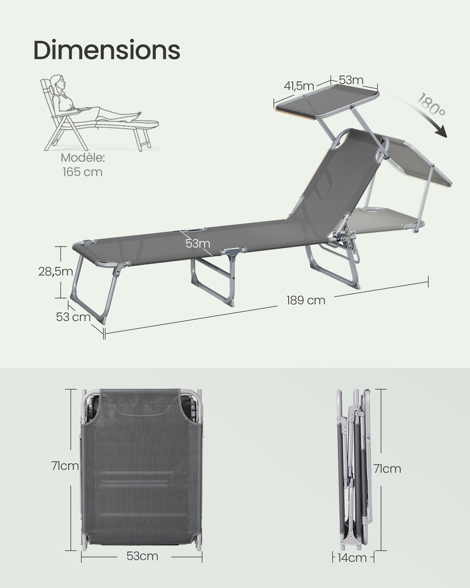 SONGMICS Chaises Longues Pliantes, 189 x 53 x 28,5 cm, Transats Jardin Extérieur, Chaque Chaise Supporte 110 kg, Pare-Soleil et Dossier Réglables, pour Terrasse, Balcon, Lot de 2, Gris GCB294GZ02