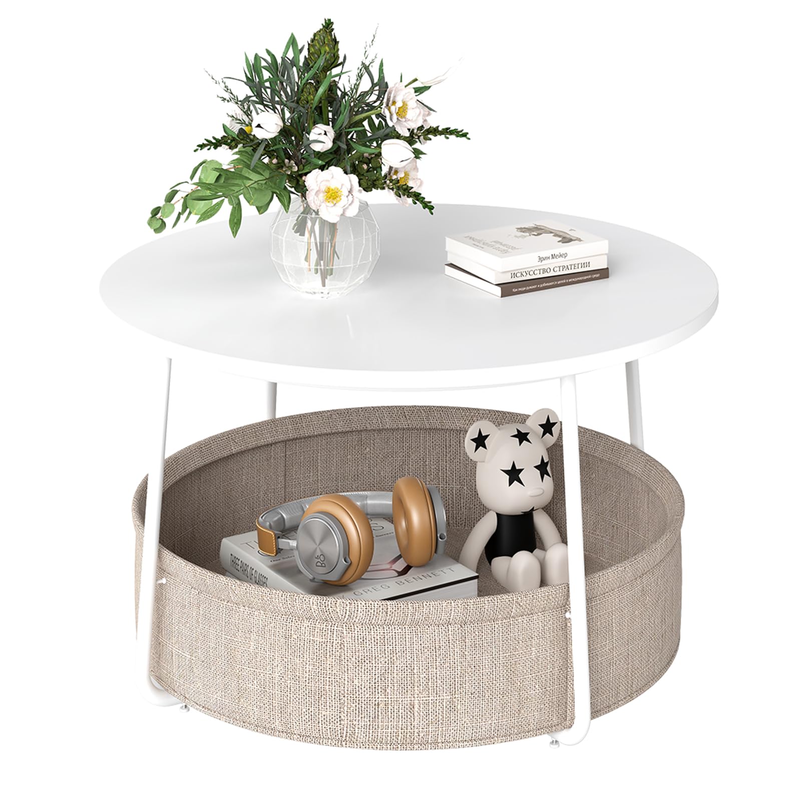 JF HOME BLISS Round Side Table with Storage Basket – 2-Tier Coffee Table for Living Room, Bedroom – Sturdy & Easy Assembly, Modern Design (White)