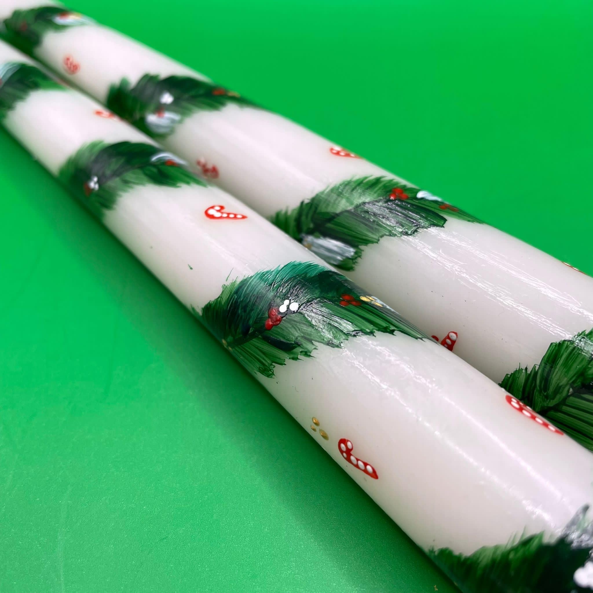 %100 Handmade Christmas Decorative Hand Painted Taper Candles, 2 Pack | Christmas Tree | for Dinner Table and Interior Decoration