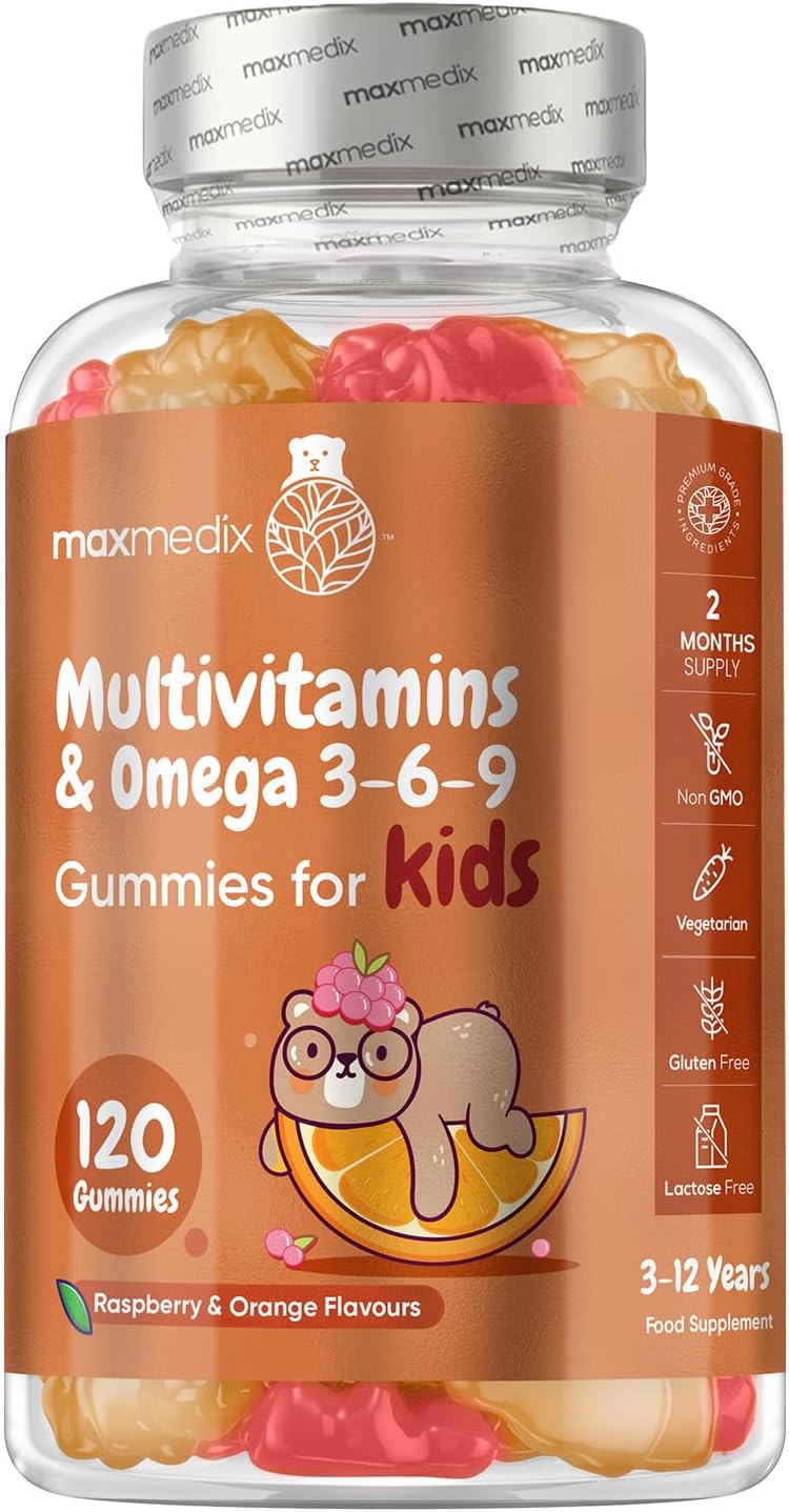 Multivitamin for Kids - 120 Tasty Gummies - 2 Months Supply - 17 Ingredients Like Vitamins A, C, D, B12, B6, E & Zinc - Natural Raspberry & Orange Flavours - Gluten-Free Kids Vitamins with Omega 3-6-9