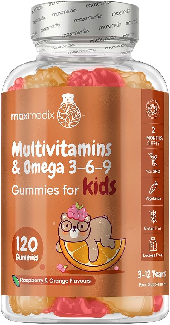 Multivitamin for Kids - 120 Tasty Gummies - 2 Months Supply - 17 Ingredients Like Vitamins A, C, D, B12, B6, E & Zinc - Natural Raspberry & Orange Flavours - Gluten-Free Kids Vitamins with Omega 3-6-9