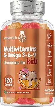 Multivitamin for Kids - 120 Tasty Gummies - 2 Months Supply - 17 Ingredients Like Vitamins A, C, D, B12, B6, E & Zinc - Natural Raspberry & Orange Flavours - Gluten-Free Kids Vitamins with Omega 3-6-9