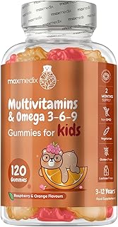 Multivitamin for Kids - 120 Tasty Gummies - 2 Months Supply - 17 Ingredients Like Vitamins A, C, D, B12, B6, E & Zinc - Natural Raspberry & Orange Flavours - Gluten-Free Kids Vitamins with Omega 3-6-9