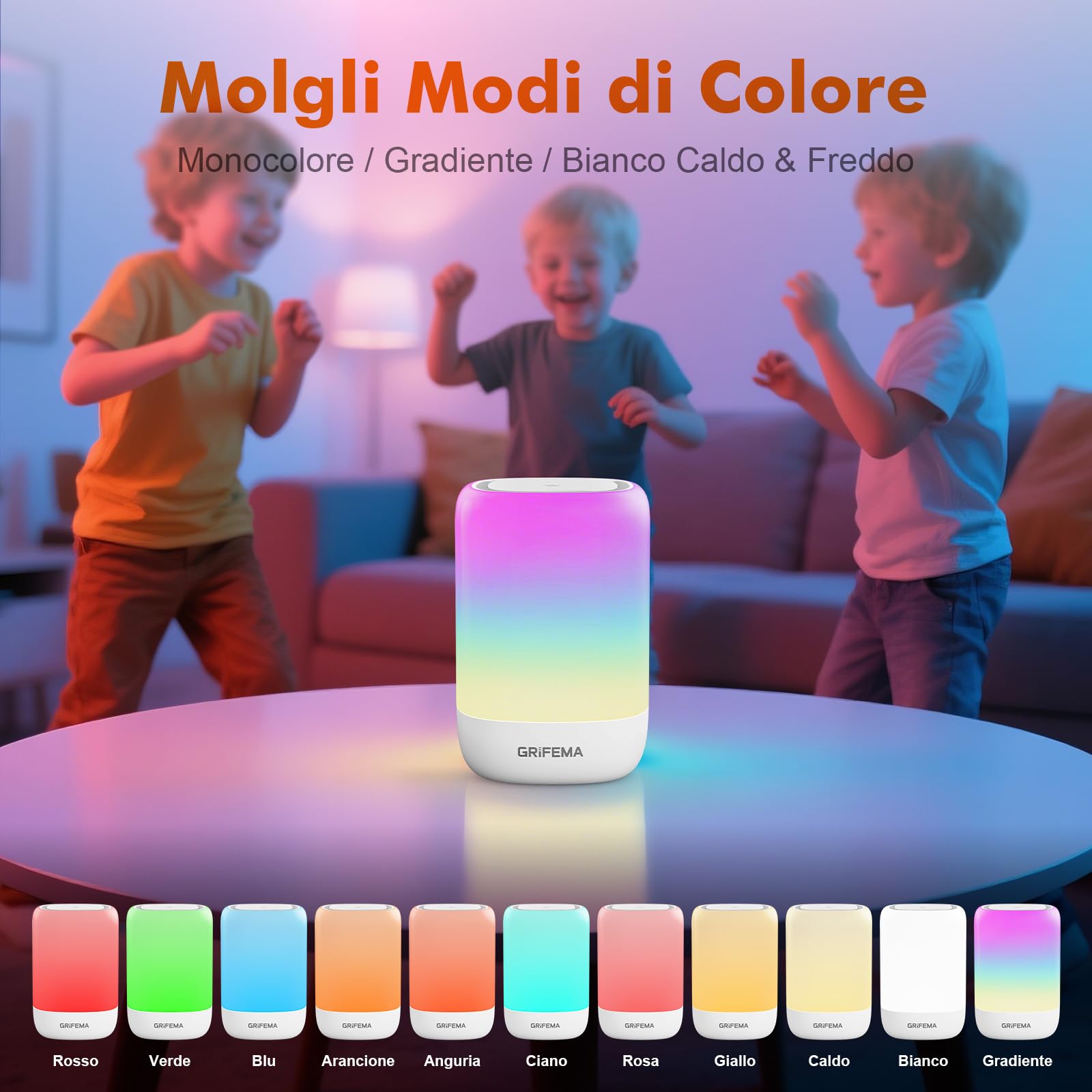 GRIFEMA Abat Jour da Comodino Senza Fili GD104 – Lampada Touch Ricaricabile, 7 Colori RGB a Gradiente, Timer 30 Min, USB-C per Camera da Letto, Bambini, Campeggio